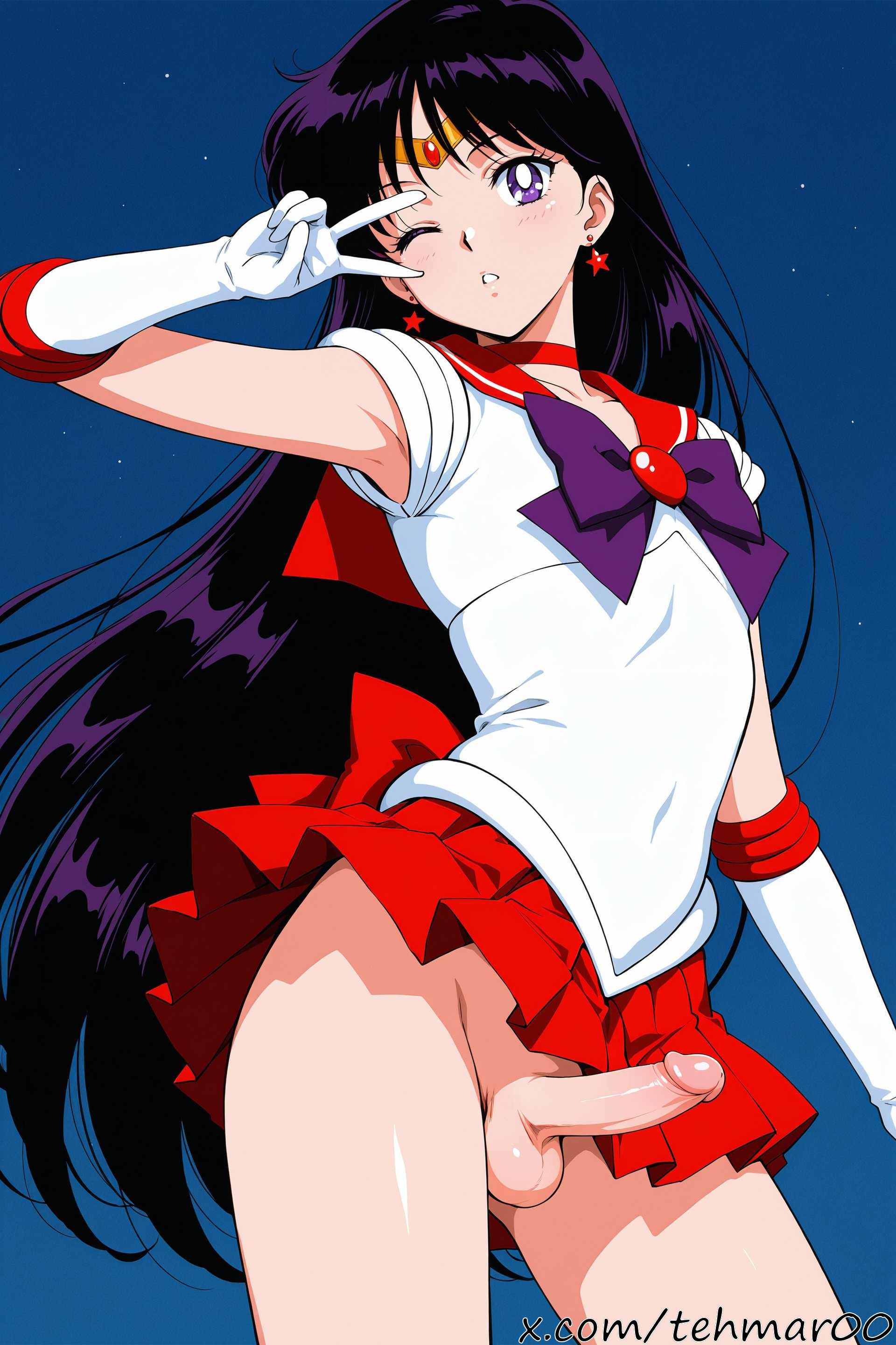1boy, ai generated, bangs, bishoujo senshi sailor moon, blush, bow, choker, covered navel, earrings, elbow gloves, erection, femboy, genderswap (ftm), gloves, jewelry, long hair, looking at viewer, magical girl, male, male sailor mars, miniskirt, no panties, one eye closed, penis, pleated skirt, purple eyes, purple hair, red choker, red sailor collar, red skirt, rei hino, rule 63, sailor collar, sailor mars, sailor senshi uniform, skirt, solo, star earrings, tagme, tehmar, testicles, tiara, trans woman, transfem, trap, v, v over eye, white gloves