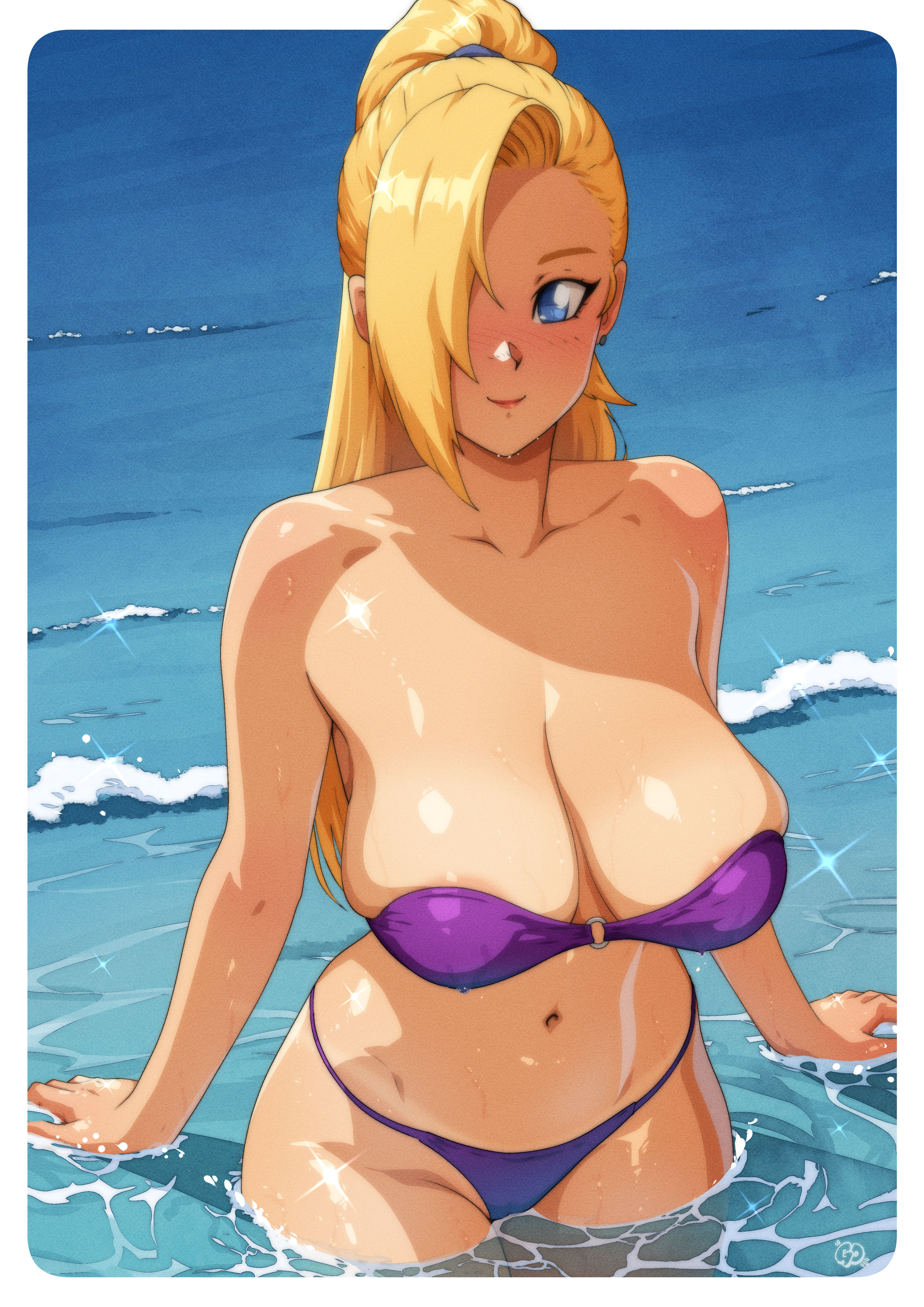 1girls, alternate version available, areola slip, areolae, big breasts, bikini, bikini bottom, bikini top, blonde hair, blue eyes, blush, bottomwear, breasts, female, female only, gravydood, hair, hair over one eye, huge breasts, ino yamanaka, naruto, naruto (series), ponytail, purple bikini, side-tie bikini, smile, solo, solo female, swimwear, tied hair, topwear, water