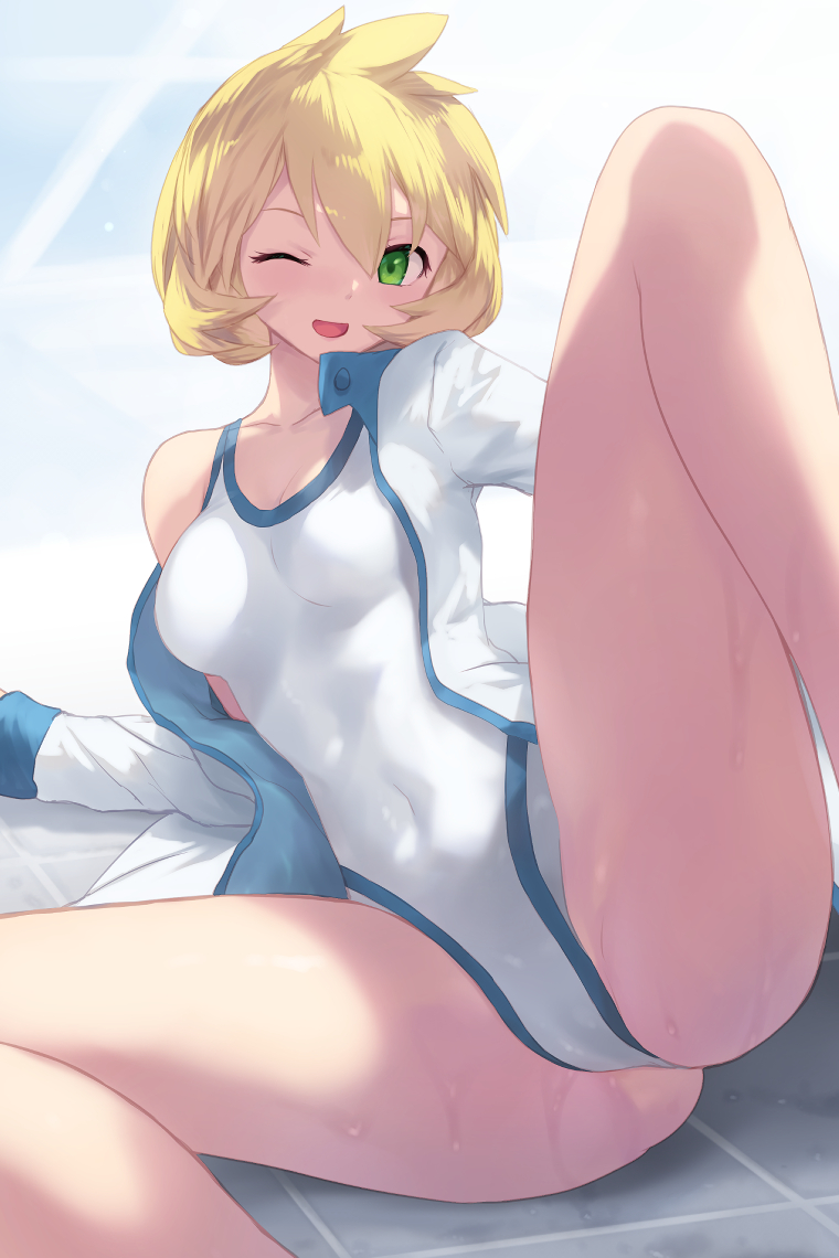 ;d, arm support, blonde hair, blush, breasts, cait aron, clothing, collarbone, commentary request, competition swimsuit, covered navel, eyelashes, female, green eyes, hair between eyes, jacket, kasumi (pokemon), long sleeves, looking at viewer, medium breasts, misty (pokemon hgss), misty (pokemon), nintendo, off shoulder, one eye closed, one-piece swimsuit, open clothes, open jacket, open mouth, pokemon, pokemon gsc, pokemon hgss, short hair, sitting, smile, solo, spread legs, swimsuit, thighs, tile floor, tiles, wet, wet swimsuit, white jacket, white one-piece swimsuit, white swimsuit