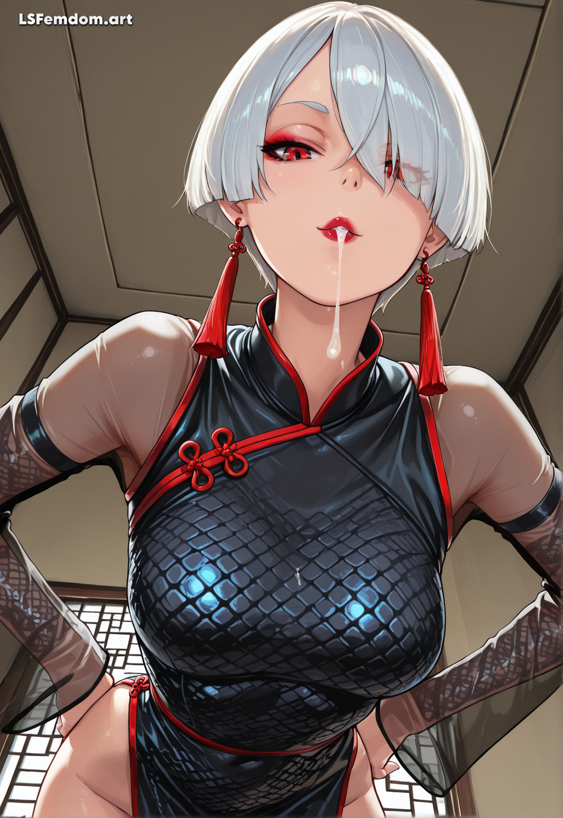 a.k.i., ai generated, breasts, capcom, earrings, eyeshadow, femdom, femdom pov, fetish, hands on hips, japanese clothes, looking down at viewer, lsfemdomart, pov, pov female, pov spit, red eyes, red eyeshadow, red lipstick, saliva, saliva drip, short hair, solo, solo female, spit, spit fetish, spitting, spitting on viewer, street fighter, tight clothes, translucent clothing, white hair