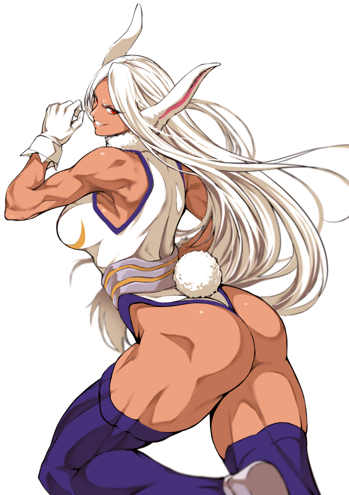 1girls ass breasts bunny_ears bunny_tail dark-skinned_female dark_skin female_only gloves hero_outfit_(mha) long_hair looking_at_viewer looking_back miruko muscles muscular_female my_hero_academia rabbit_ears red_eyes rumi_usagiyama solo thick_thighs thighhighs toned white_background white_fur white_hair zucchini