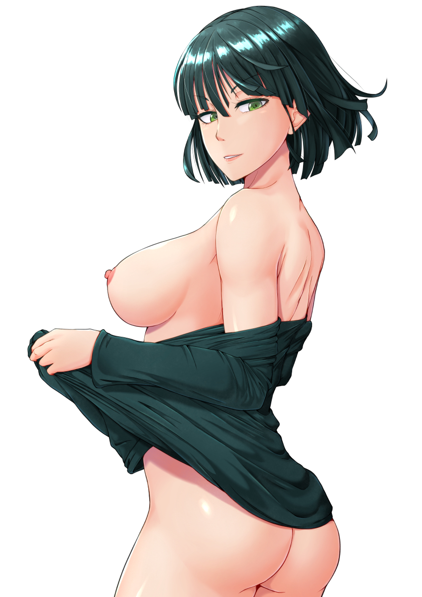 1girls ass breasts dark_green_hair female female_only fubuki_(one-punch_man) green_eyes light-skinned_female light_skin lipstick looking_at_another mostly_nude nipple one-punch_man oshiza short_hair side_view sideboob solo solo_female taking_clothes_off undressing white_background