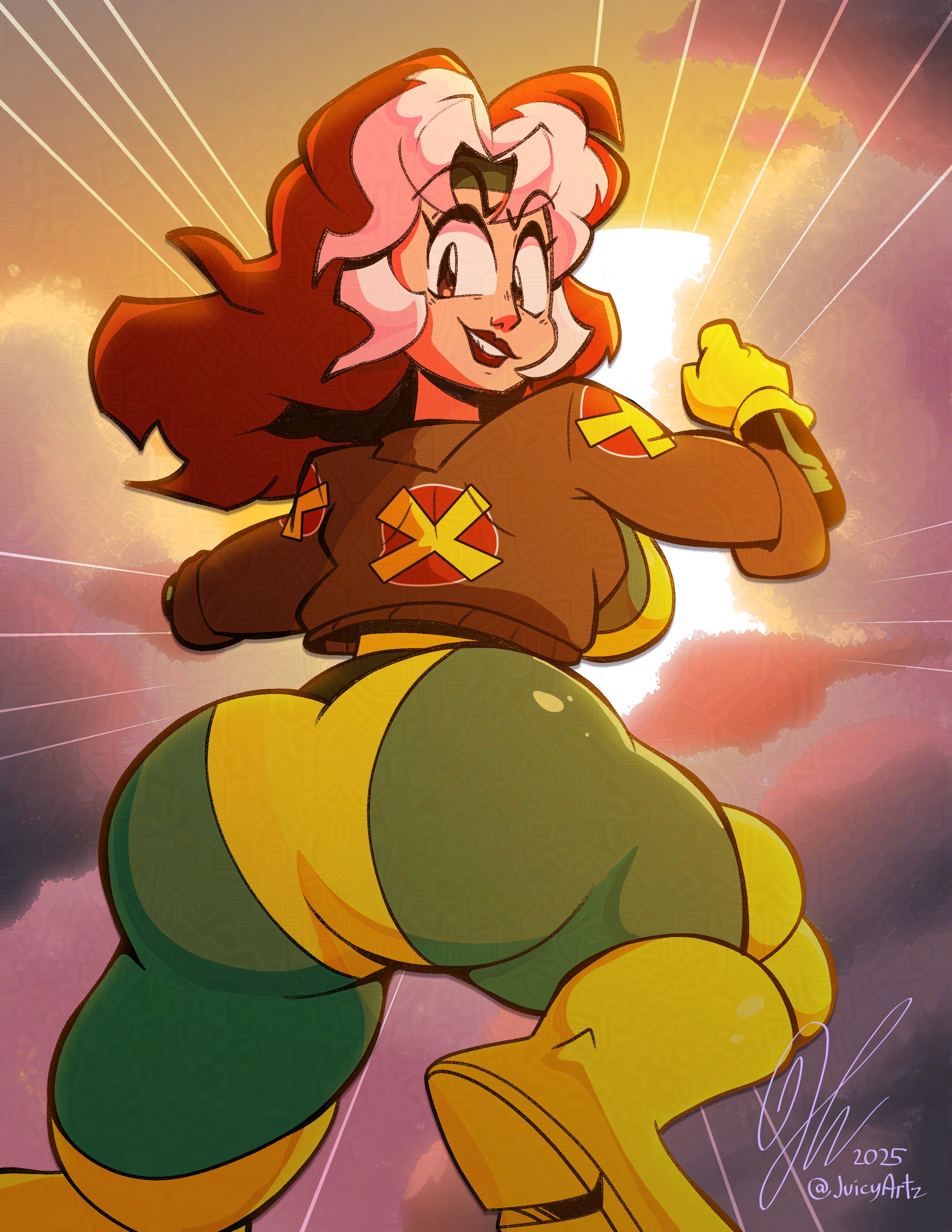 1girls, 2025, anna marie, artist signature, back view, breedable hips, brown hair, curvy, dat ass, hips wider than shoulders, jacket, juicyartz, light skin, light-skinned female, marvel, marvel comics, marvel rivals, mutant (marvel), rogue (marvel rivals), rogue (x-men), round ass, small waist, superheroine, thick ass, thick thighs, white streak, wide hips, x-men