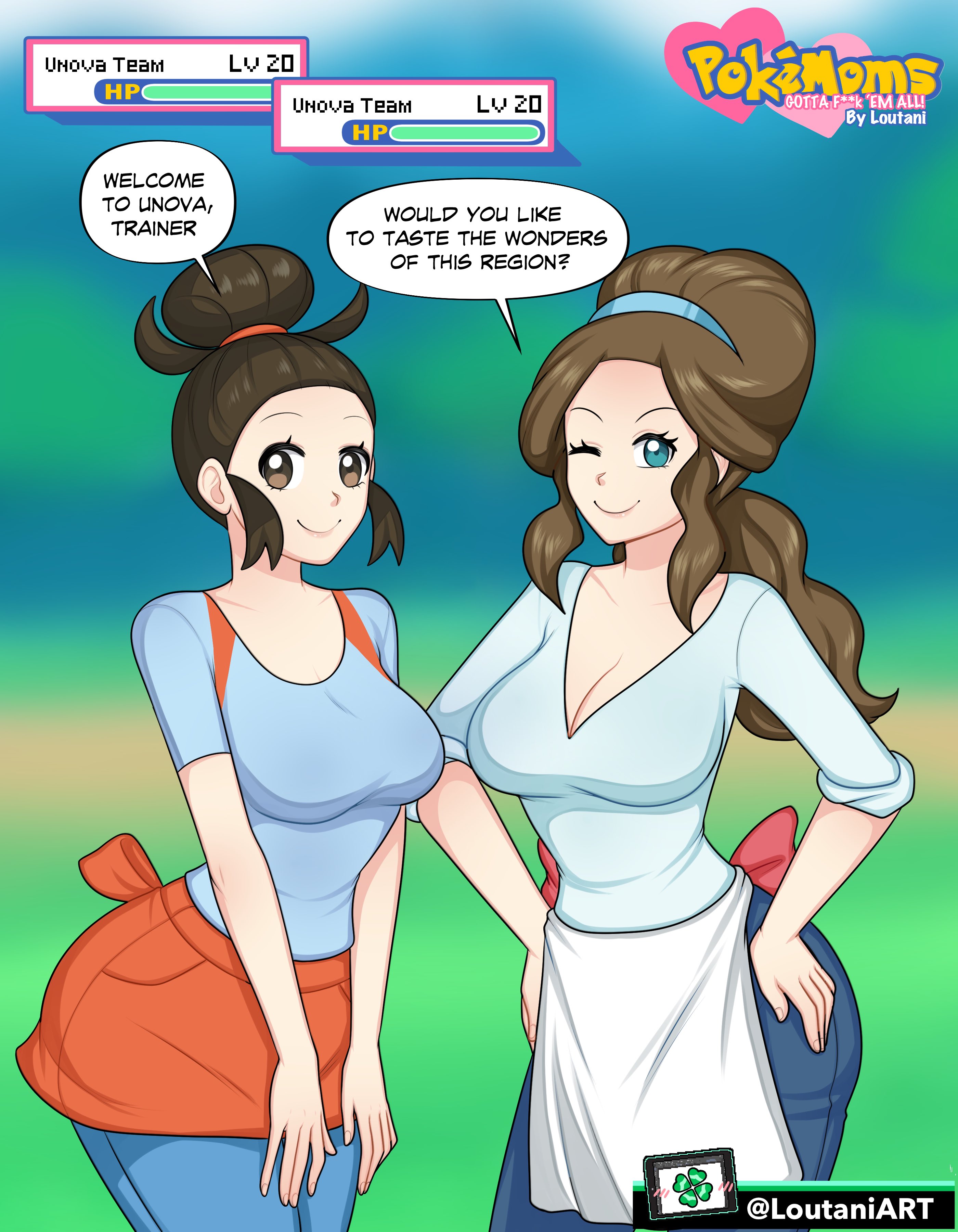 2girls, big breasts, blue eyes, breasts, brown eyes, brown hair, english text, eyes closed, female, female only, gameplay mechanics, human, large breasts, light skin, light-skinned female, long hair, looking at viewer, loutaniart, mature female, milf, mother, mother (pokemon bw), mother (pokemon bw2), multiple females, multiple girls, nintendo, one eye closed, pale skin, pale-skinned female, pokemon, pokemon battle, pokemon bw, pokemon bw2, ponytail, smile, speech bubble, text, thick thighs, thighs, url, watermark