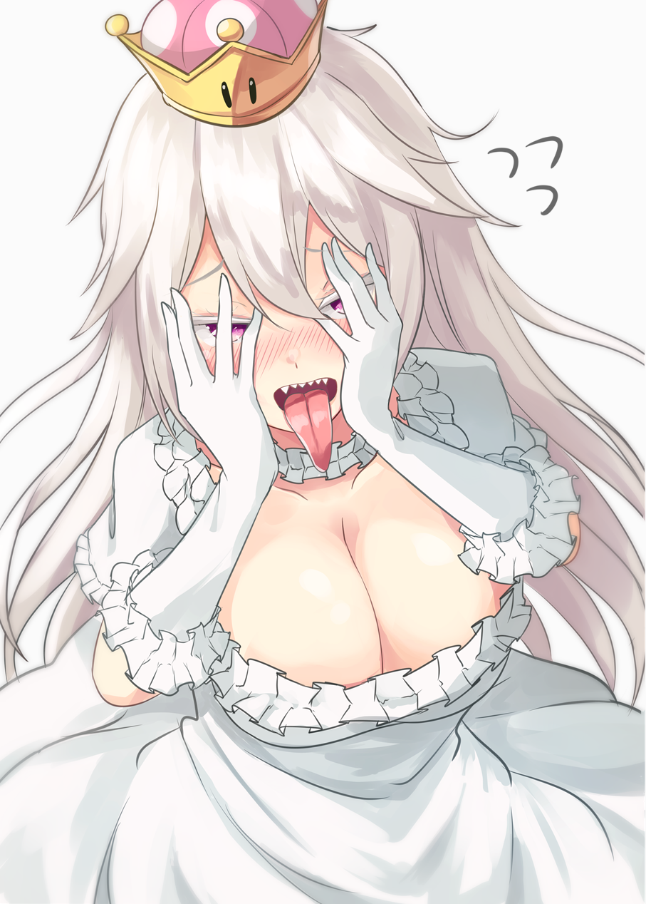 1girls 2018 bangs blush boosette breasts choker cleavage clothed clothing collarbone colored_eyelashes covering_face cowboy_shot crown dress female female_only flying_sweatdrops frilled_choker frilled_dress frilled_gloves frills gloves hair_between_eyes highres igakusei large_breasts long_hair looking_at_viewer mario_(series) new_super_mario_bros._u_deluxe nintendo nose_blush open_mouth pink_eyes sharp_teeth shiny shiny_skin short_sleeves silver_hair simple_background smile solo super_crown teeth tongue tongue_out white_background white_choker white_dress white_gloves