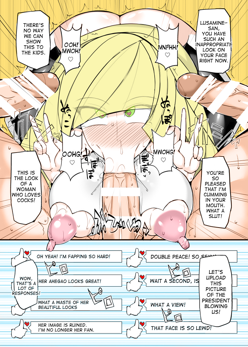 :>= ahe_gao ass big_breasts big_penis blonde_hair blowjob blush censored colored commentary double_peace_sign double_v english_text erect_nipples exposed_nipples fellatio green_eyes heart-shaped_pupils hisui_(stapspats) human lusamine_(pokemon) manga nipples oral paizuri pale_skin peace_sign pokemon pokemon_sm ruined_reputation stapspats v