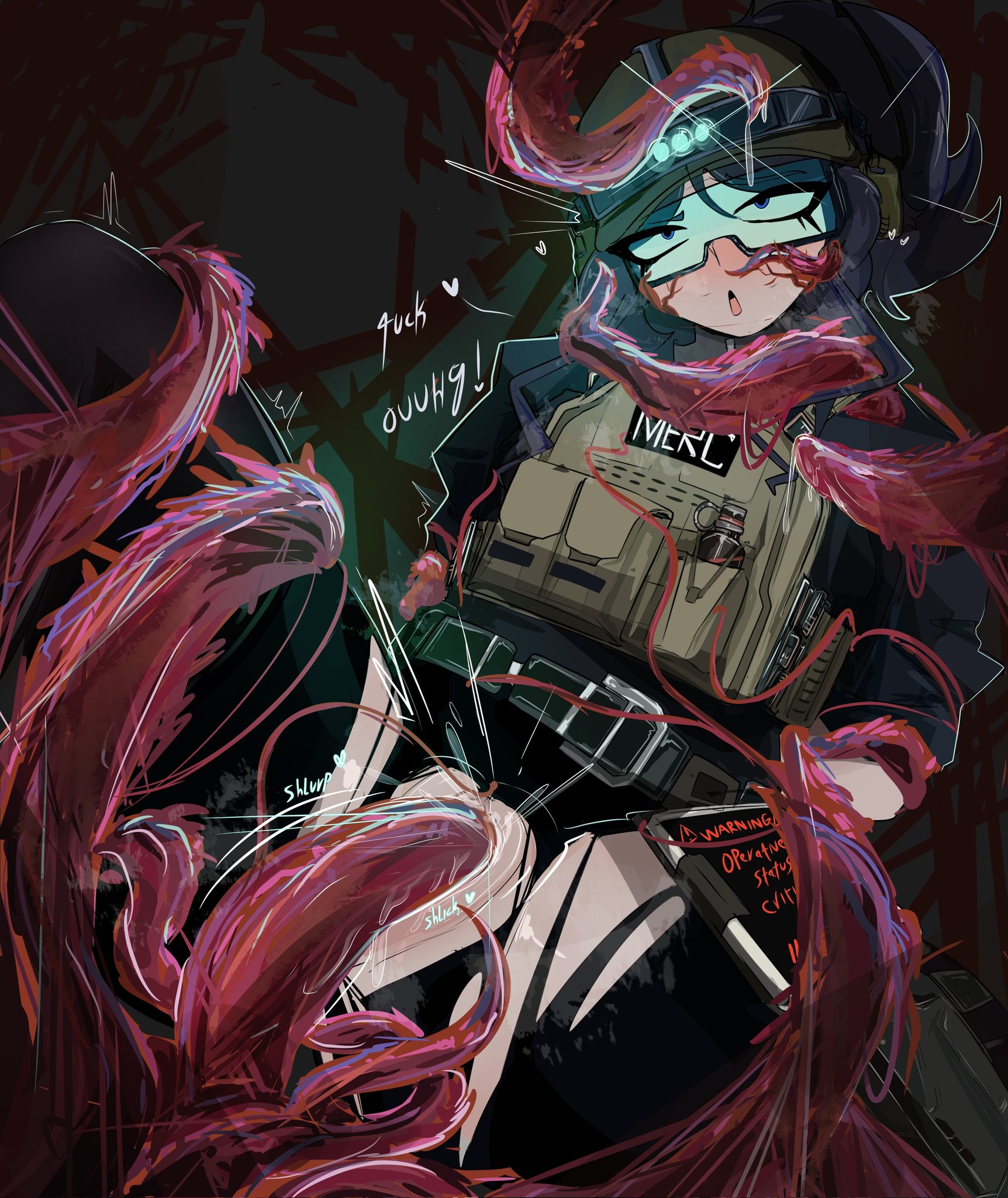 1girls, a-888: project: creedbreaker, ahe gao, ahegao face, armor, armored female, aschazm, belt, black clothing, black hair, blue hair, blush, clothed, contact: a-888, english text, female, goggles, heart, heart symbol, helmet, light skin, light-skinned female, moaning, motion lines, night vision goggles, onomatopoeia, open mouth, plate carrier, pussy, ripped clothing, ripped pants, roblox, roblox game, robloxian, tactical gear, tactical vest, tentacle, tentacle sex, tentacles, text, thighs, vaginal penetration, vest