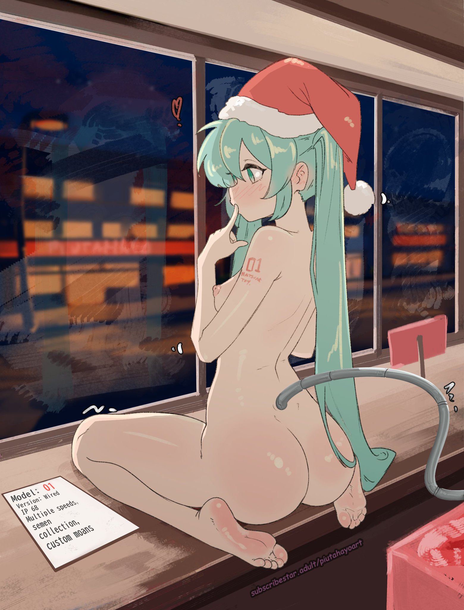 1girl, aqua eyes, aqua hair, ass, barefoot, blue hair, blush, breasts, christmas, completely nude, desk, feet, finger to mouth, from behind, hat, hatsune miku, heart, idk what to tag it, indoors, long hair, night, nipples, nude, santa hat, sitting, small breasts, soles, solo, solo female, tattoo, toes, twintails, very long hair, vocaloid, wariza, window