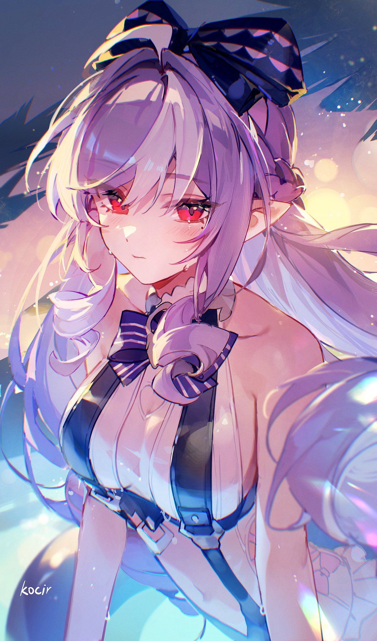 1girls, breasts, exposed breasts, female, hoyoverse, legs, long hair, mihoyo, official alternate costume, purple hair, red eyes, swimsuit, vivian banshee, vivian banshee (iris of the shore), white swimsuit, zenless zone zero