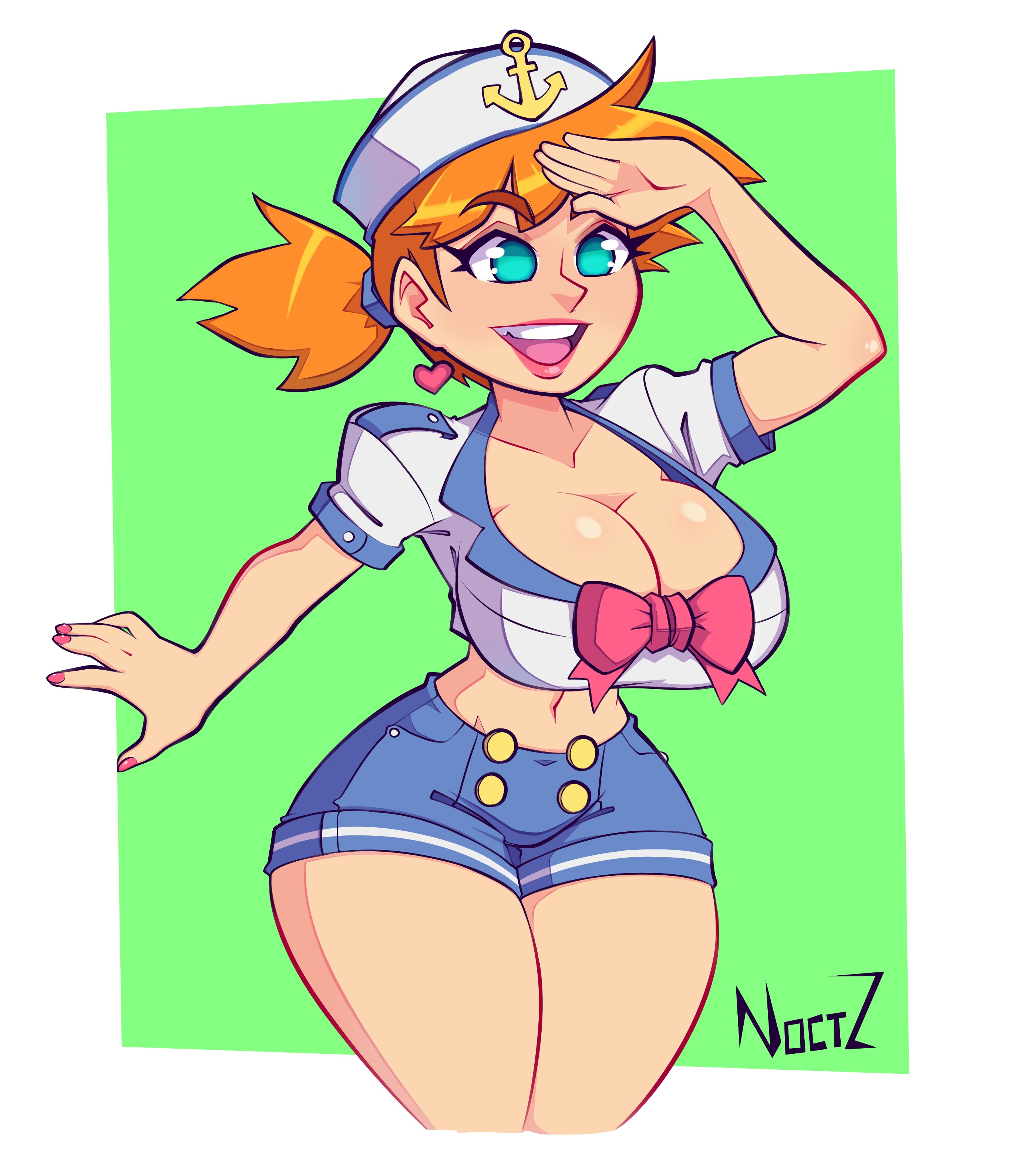1girls, alternate costume, big breasts, blue eyes, breasts, busty, cleavage, clothed, clothed female, clothes, clothing, color, colored, colored nails, earrings, female, female only, fully clothed, huge breasts, human, human only, kasumi (pokemon), large breasts, light skin, light-skinned female, lips, lipstick, long hair, nail polish, nails, nintendo, noctz, orange hair, painted nails, pale, pale skin, pale-skinned female, pink lips, pink lipstick, pink nails, pokemon, pokemon rgby, ponytail, sailor, sailor uniform, shorts, solo, tied hair