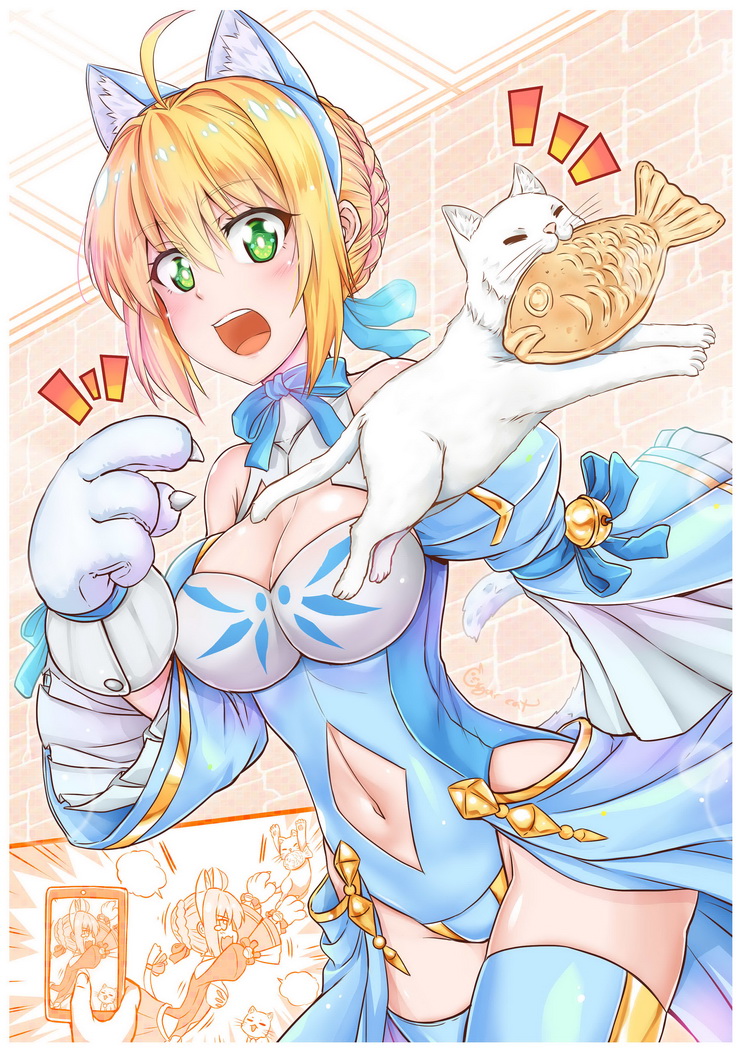 1girls 2020 :3 ahoge animal_ear_fluff animal_ears artist_name artoria_pendragon bangs bare_shoulders bell blonde_hair blue_legwear blue_leotard blue_ribbon blush braid breasts cat cat_ears cat_tail cigar_cat cleavage cleavage_cutout fate/grand_order fate_(series) feline female french_braid gloves green_eyes hair_between_eyes hair_bun hair_ribbon highleg highleg_leotard highres jingle_bell large_breasts leotard long_hair looking_at_viewer navel navel_cutout neck_ribbon open_mouth paw_gloves paws ribbon sidelocks signature tail thighhighs thighs wide_sleeves