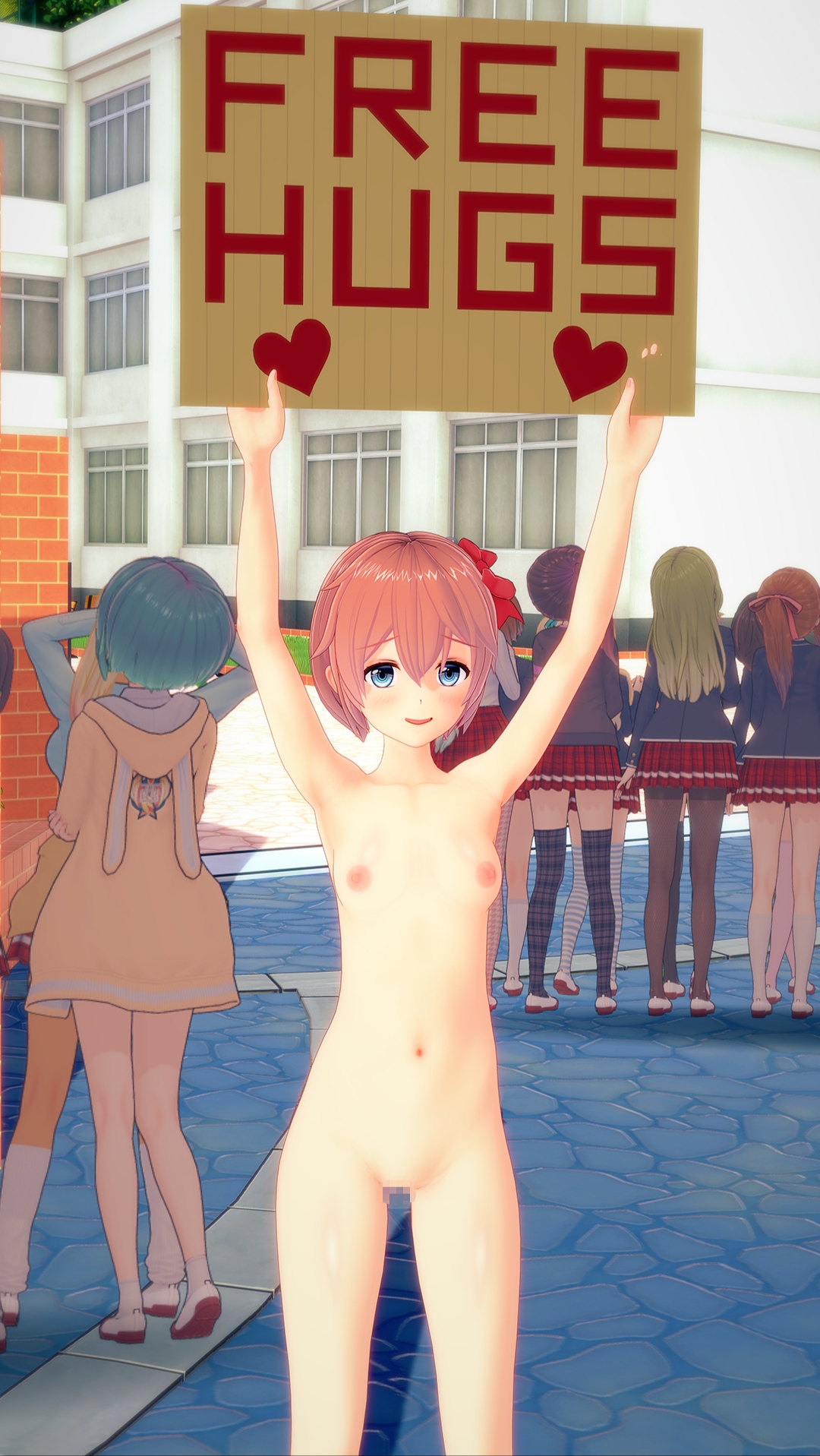 3d, 6+girls, absolutely nothing on, background characters, blue eyes, blue hair, blush, blushing, bow, breasts, censored, censored pussy, clothed female nude female, clothed male, completely naked, completely nude, doki doki literature club, embarrassed, embarrassed nude female, embarrassed smile, enf, english text, eyebrows visible through hair, female, female focus, female only, free hugs, hairbow, heart, holding sign, koikatsu, light skin, light-skinned female, long socks, looking at viewer, male, mosaic censoring, naked, naked female, navel, nervous smile, nipples, nude, nude female, nude in public, only one naked, outdoor nudity, outdoors, public, public nudity, pussy, red bow, sayori (doki doki literature club), school, school uniform, schoolgirl, sign, small breasts, smiling, solo focus, thigh gap, thighs, witchanon, yellow hair