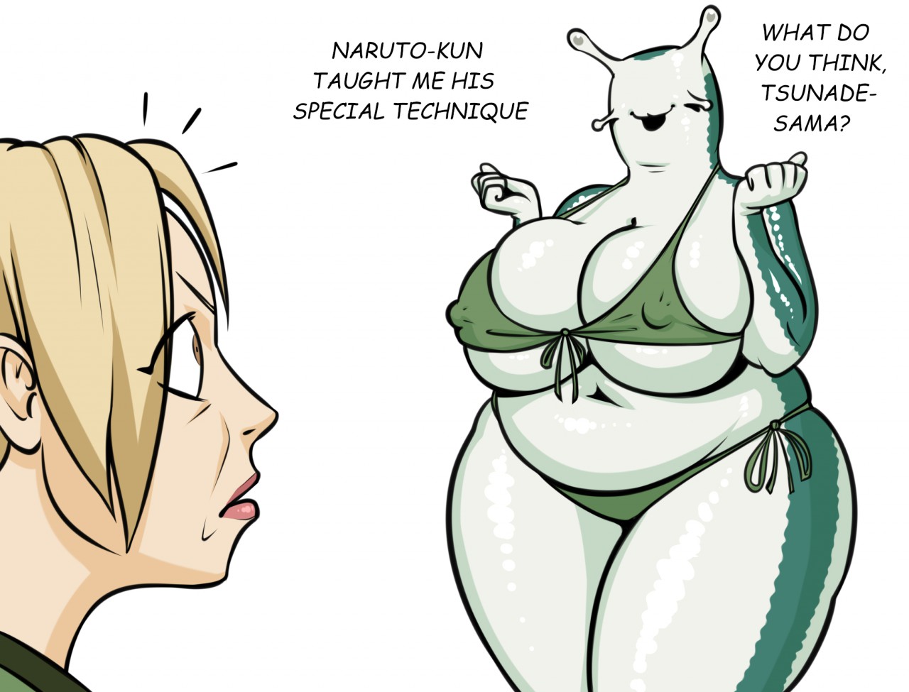 2girls, anthro, ass, belly, big ass, big belly, big breasts, bikini, blonde hair, breasts, brown eyes, busty, chubby, english text, fat, female, female only, huge belly, human, katsuyu, kostos art, multiple females, multiple girls, naruto, naruto (classic), naruto (series), overweight, shocked, shocked expression, slightly chubby, slug, tsunade, voluptuous, white skin