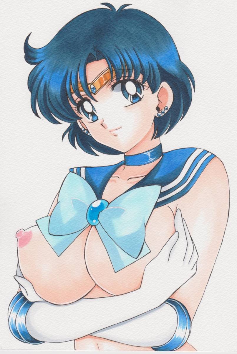 1girls alternate_breast_size ami_mizuno big_breasts bishoujo_senshi_sailor_moon blue_eyes blue_hair breasts exposed_breasts female female_only holding_breasts large_breasts looking_at_viewer rascal_(n119) sailor_mercury serafuku short_hair smile solo solo_female solo_focus