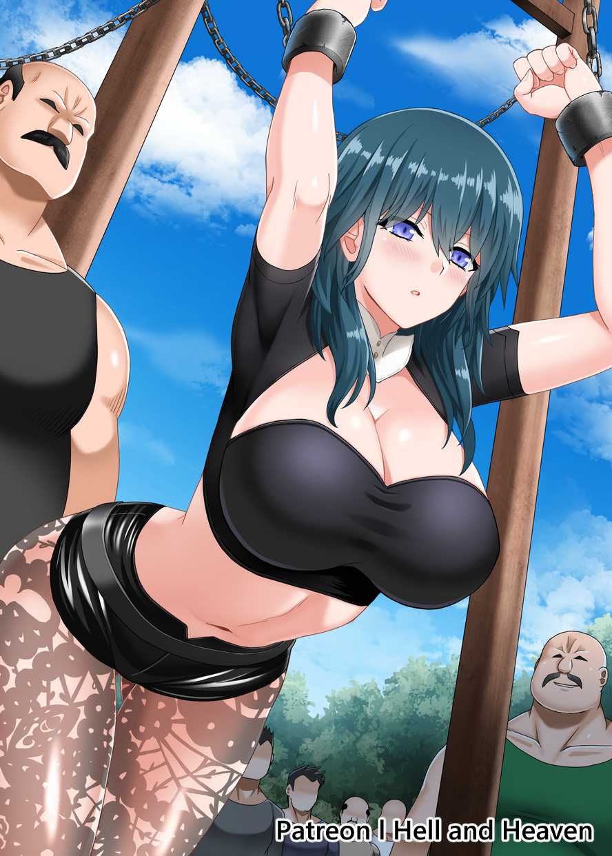 1girls, balding, bare midriff, bent over, big breasts, blue eyes, blue hair, bondage, breasts, byleth (fire emblem), byleth (fire emblem) (female), chain, chained, chained up, chains, cleavage, fat male, female, fire emblem, fire emblem: three houses, hellandheaven, humiliation, imminent rape, lace, large breasts, leggings, legwear, long hair, male, mature male, middle aged, middle aged male, middle aged man, mustache, nintendo, oblivious, public, public humiliation, shorts, straight