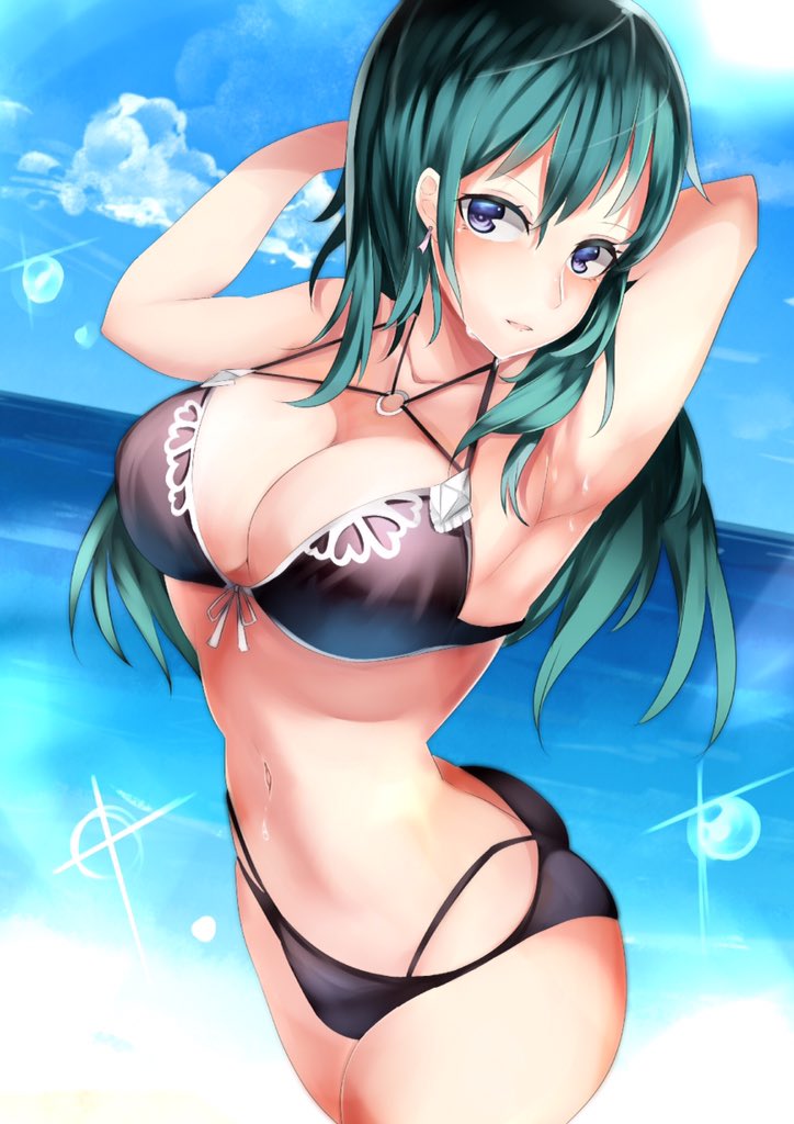 1girls alternate_costume ass big_breasts bikini black_bikini black_swimsuit blue_eyes blue_hair byleth_(fire_emblem) byleth_(fire_emblem)_(female) cleavage female female_only fire_emblem fire_emblem:_three_houses nintendo solo solo_female solo_focus source_request swimsuit tea_texiamato