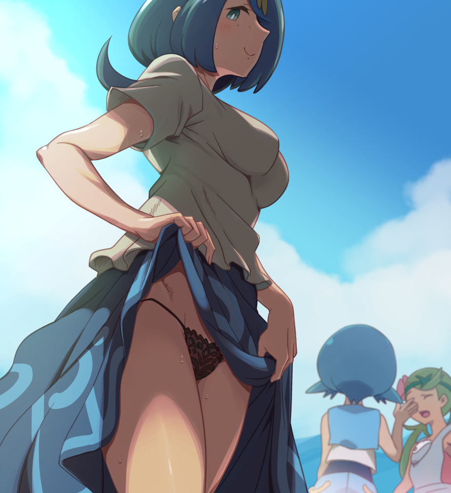 1milf 3girls big_breasts blue_eyes blue_hair dark-skinned_female dark_skin dress_lift e_keroron eye_contact female female_only flower flower_in_hair green_hair housewife human insinuation lana's_mother_(pokemon) lana_(pokemon) lifting_skirt long_hair looking_at_viewer looking_back mallow_(pokemon) mature_female milf mob_face mother mother_and_daughter multiple_girls nintendo no_sclera pale-skinned_female pale_skin pokemon pokemon_sm seducing seducing_viewer seductive seductive_smile short_hair showing_pussy skirt_lift skirt_lifted_by_self smile solo_focus sweat thick_thighs thighs twintails