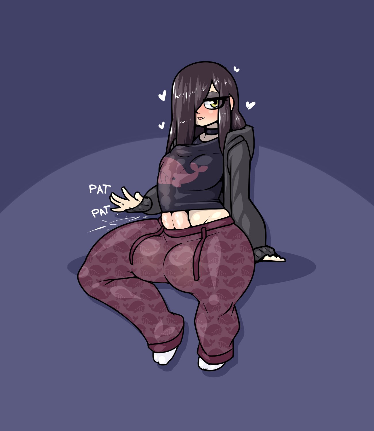 1futa, abstract background, baggy pants, balls, balls bulge, balls outline, big balls, big penis, black clothing, black shirt, blue background, brown hair, cecily (limebreaker), choker, dickgirl, eyes visible through hair, fat cock, futa only, futanari, gesture, goth, green eyes, hair over eye eye, hair over one eye, hazel eyes, hoodie, intersex, limebreaker, long hair, loose clothes, midriff, original, pajamas, penis, penis outline, penis under clothes, penis under shirt, shiny hair, simple background, sitting, sleeves past wrists, socks, solo, straight hair, sweat pants