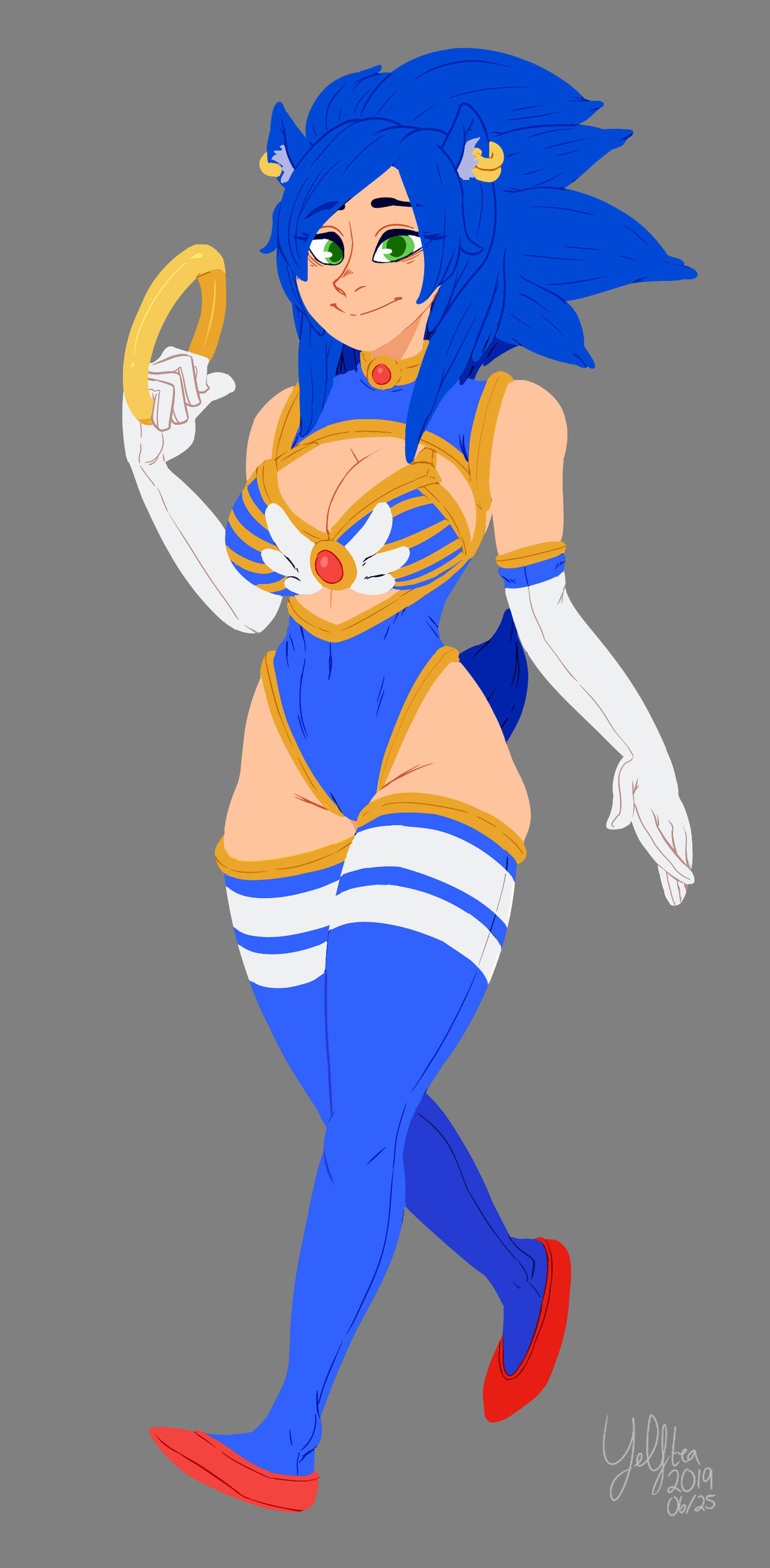 2019, adapted costume, alternate costume, alternate species, artist name, artist signature, blue hair, breasts, clothed, clothed female, earrings, female, genderswap, green eyes, human, humanized, humanoid, kemonomimi, long socks, looking at viewer, medium breasts, personification, rule 63, solo, solo female, sonic (series), sonic the hedgehog, sonic the hedgehog (series), sonique the hedgehog, species transformation, thighhighs, transformation, yelftea
