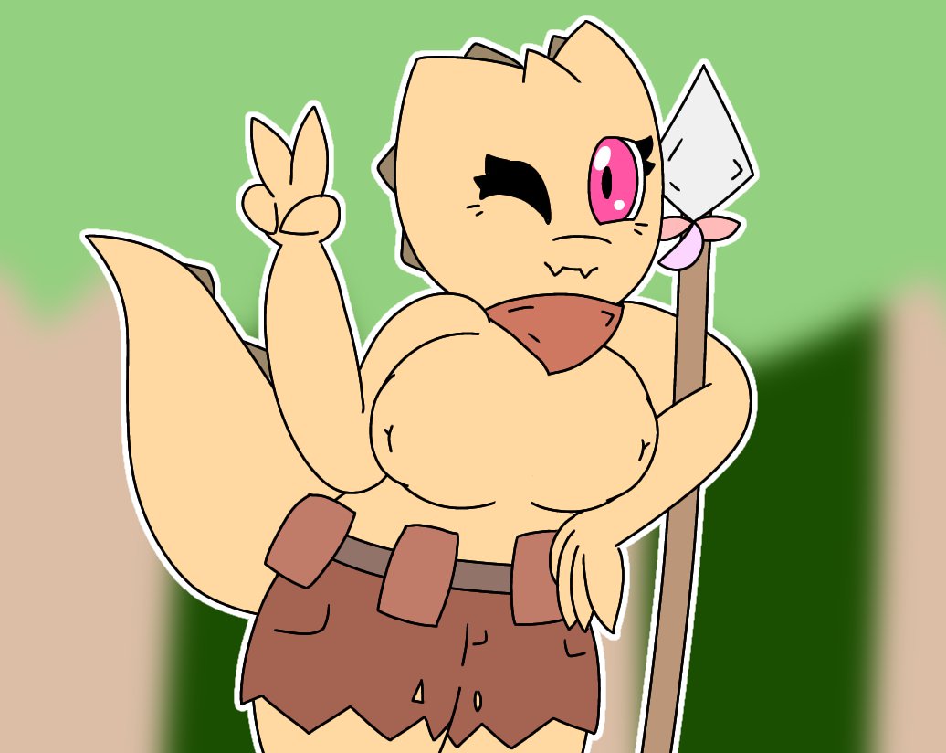 anthro bandana itisspermo kobold peace_sign pink_eyes spear