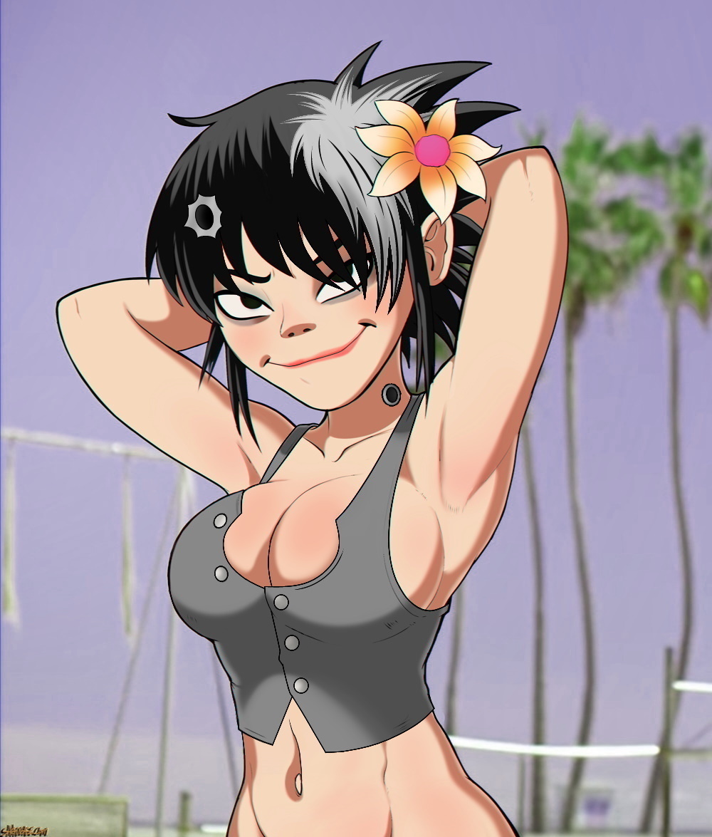 1girls alternate_costume alternate_version_available armpits arms_behind_head arms_up asian belly belly_button big_breasts black_hair breasts button_down_shirt buttons cleavage clothed clothing cyborg cyborg_noodle edit female female_focus female_only flower gorillaz hair_flower noodle_(gorillaz) noodle_(humility) outdoors palm_tree pose public sexy_armpits shadman sky smile solo solo_female solo_focus tank_top text text_on_clothing text_on_shirt text_on_topwear vest