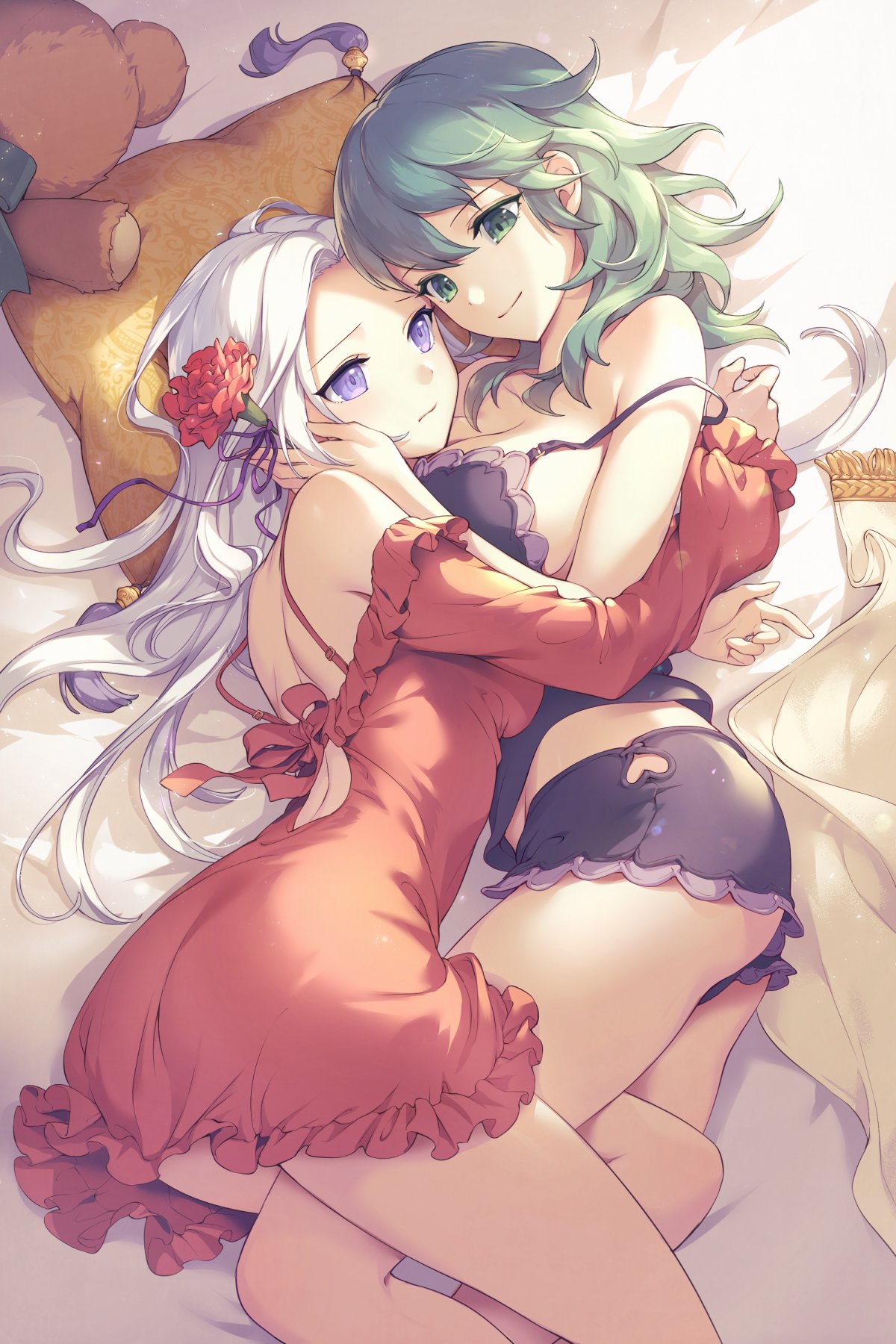 2girls ass bare_shoulders bare_thighs bed bed_sheet bedroom big_ass big_breasts breasts byleth_(fire_emblem) byleth_(fire_emblem)_(female) caress caressing caressing_face couple couple_(romantic) cuddle cuddling cute edelgard_von_hresvelg embarrassed eye_contact female female_only fire_emblem fire_emblem:_three_houses fire_emblem_heroes flower gomashio_ponz green_eyes green_hair hand_on_another's_face hand_on_face heart_cutout hug hugging human human_only intimate large_ass large_breasts leg_between_thighs lesbian long_hair looking_at_partner looking_into_eyes lying lying_down lying_on_bed multiple_girls night_gown nintendo pillow relaxing romantic romantic_couple rose_(flower) short_hair short_shorts shorts smile smiling smiling_at_another soft soft_breasts thick thick_ass thighs white_bed_sheet white_hair wholesome yuri