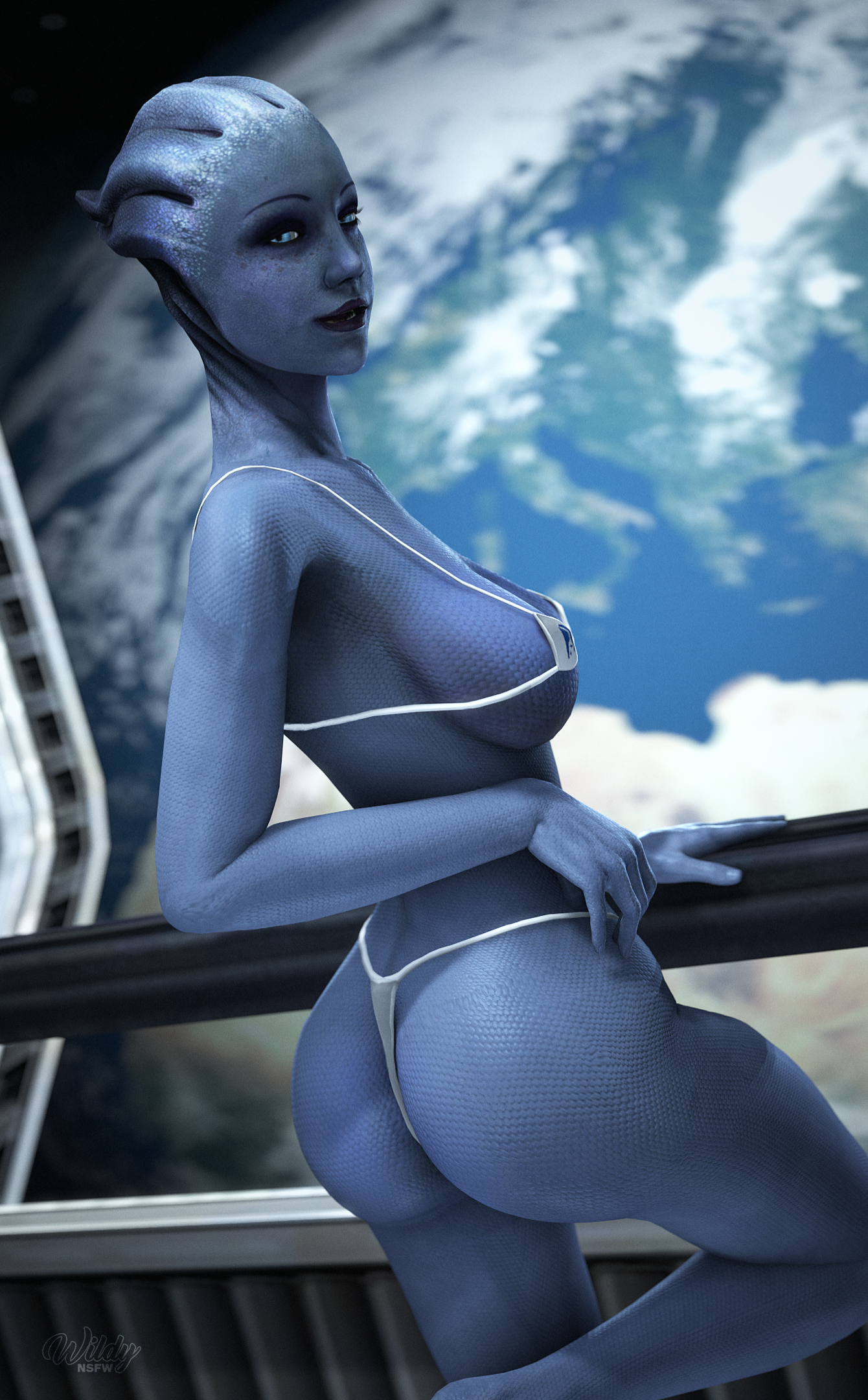 1girls, 3d, 3d (artwork), alien, alien girl, asari, ass, athletic, athletic female, big breasts, bikini, bioware, blue eyes, blue skin, breasts, bubble ass, bubble butt, busty, eyeshadow, female, female focus, female only, freckles, g-string, hourglass figure, large breasts, liara t'soni, lipstick, looking at viewer, looking back, makeup, mass effect, mass effect 2, mass effect 3, micro bikini, pinup, pose, posing, rear view, sci-fi, science fiction, scifi, sideboob, skimpy, skimpy clothes, solo, solo female, space, spacecraft, standing, thong, wide hips, wildynsfw