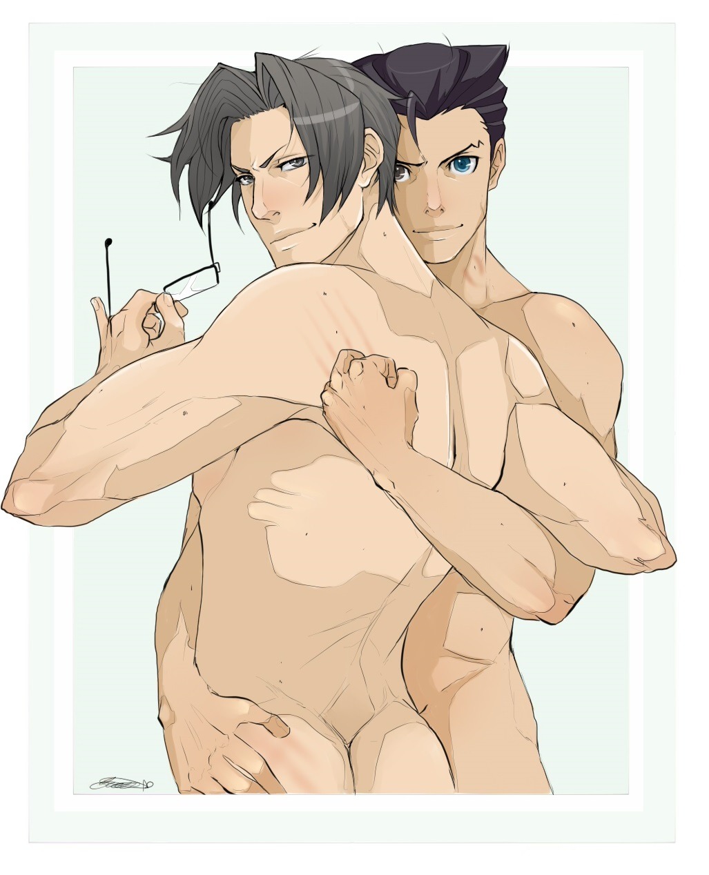 2boys ace_attorney black_hair black_hair_bottom bruise domination embrace gay glasses gyakuten_saiban heterochromia hickey leflayart light_hair_on_dark_hair male_only miles_edgeworth phoenix_wright scratches white_hair white_hair_on_black_hair white_hair_top wrightworth yaoi