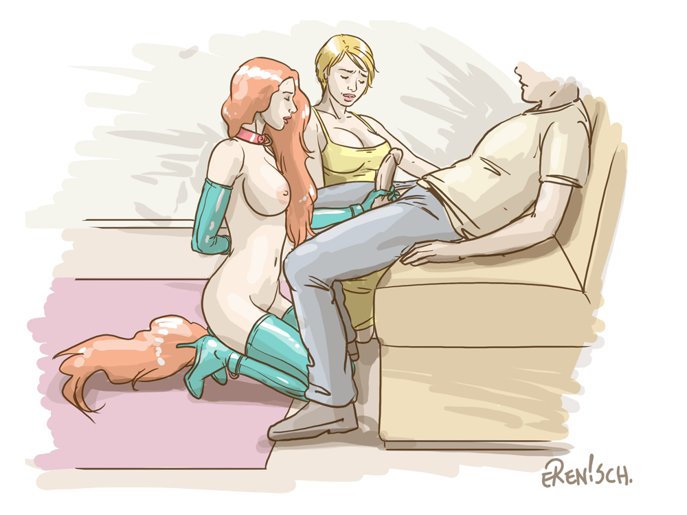 1boy, 2girls, bi domination, big penis, clothed female nude female, clothed male nude female, clothing, erenisch, female, femsub, handjob, male, maledom, multiple females, multiple girls, penis, submissive female, tail, threesome, tied up
