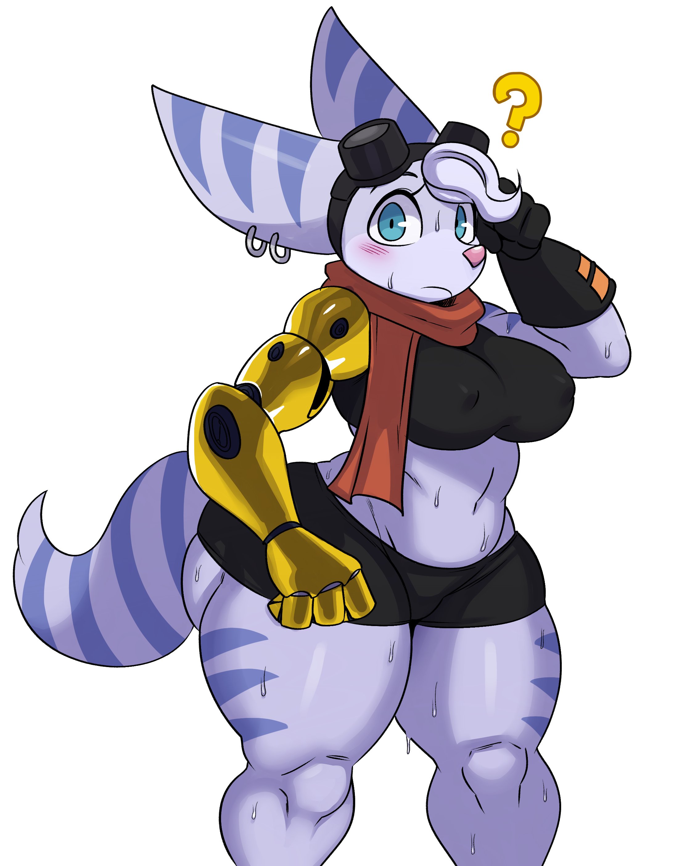 ?, 1girls, absurdres, anthro, blush, bottomwear, breasts, cybernetic arm, cybernetic limb, cybernetics, ear piercing, eyewear, female, female only, front view, furry, goggles, goggles on head, highres, large breasts, lombax, looking at viewer, mammal, mechanical, midriff, nipple bulge, piercing, prosthetic, prosthetic arm, prosthetic limb, ratchet and clank, rift apart lombax, rivet (ratchet and clank), robotic arm, simple background, solo, sportswear, sssonic2, standing, stripes, sweat, topwear, white background