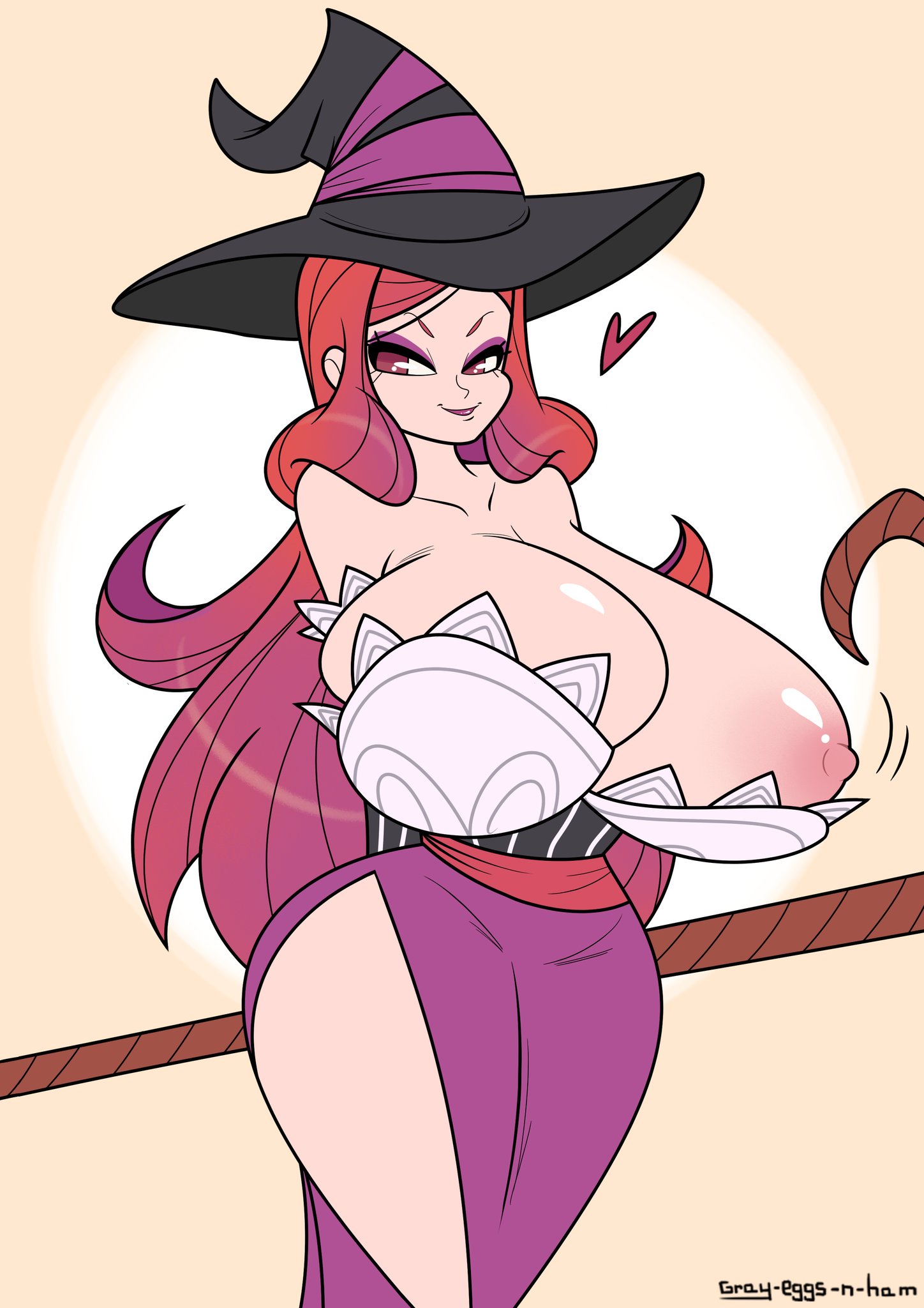 breasts, dragon's crown, female, gray-eggs-n-ham, huge breasts, red hair, sorceress (dragon's crown), witch hat