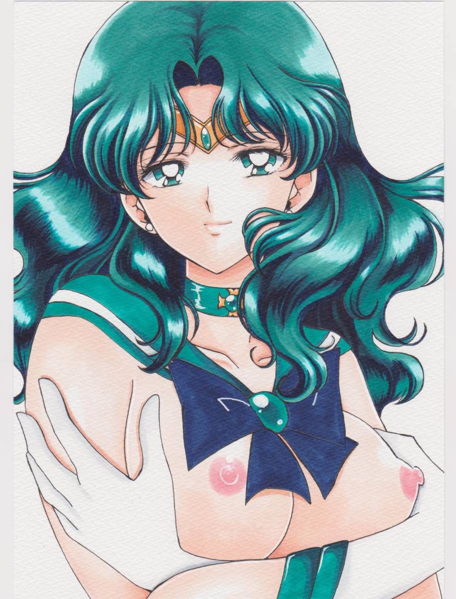 bishoujo_senshi_sailor_moon breasts choker exposed_breasts female female_only green_hair holding_breasts looking_at_viewer medium_breasts michiru_kaiou nipples rascal_(n119) sailor_collar sailor_neptune serafuku solo tagme wavy_hair