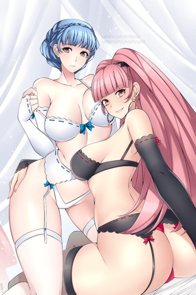 2girls ass ass_grab back bare_thighs bedroom big_ass black_gloves black_lingerie black_thighhighs blue_hair bra breasts earrings elbow_gloves female_only fingerless_gloves fire_emblem fire_emblem:_three_houses garter_belt grabbing_ass grey_eyes hilda_valentine_goneril huge_ass large_breasts lesbian lindaroze lingerie long_hair looking_at_viewer looking_back marianne_von_edmund multiple_girls nintendo on_bed panties pink_eyes pink_hair ponytail red_panties red_underwear ribbon-trimmed_bra ribbon-trimmed_garter_belt ribbon-trimmed_gloves short_hair thick_thighs thighhighs thong underwear undressing white_gloves white_lingerie white_thighhighs white_underwear wide_hips yuri