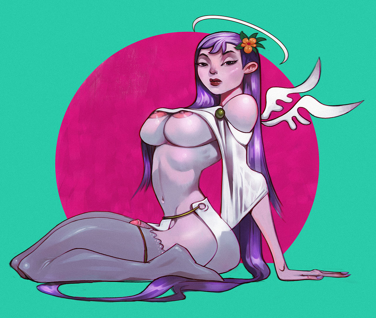 1futa, angel, breasts, futa only, futanari, intersex, kneeling, kriminal, large breasts, lips, long hair, looking at viewer, penis, pose, purple hair, solo, underboob