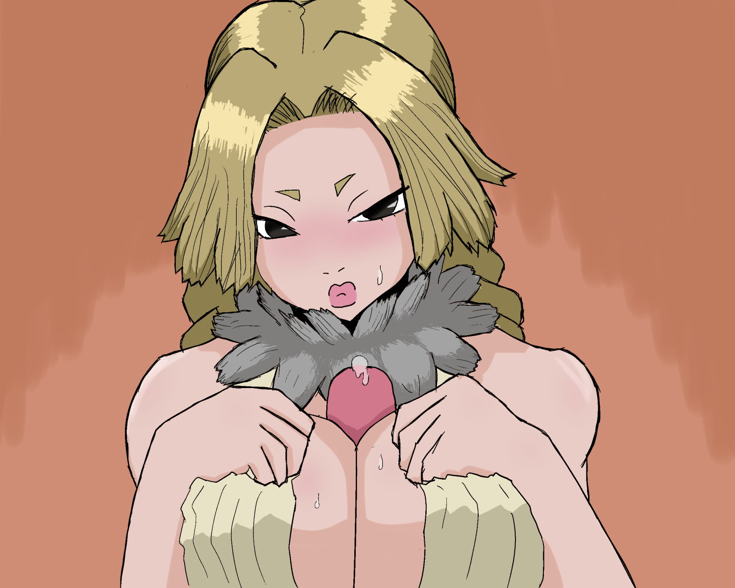 big breasts, braided twintails, breasts, breasts together, dr.stone, erection, female, hanada nikki, imminent oral, nervous, oral, paizuri, precum, tagme, thick lips