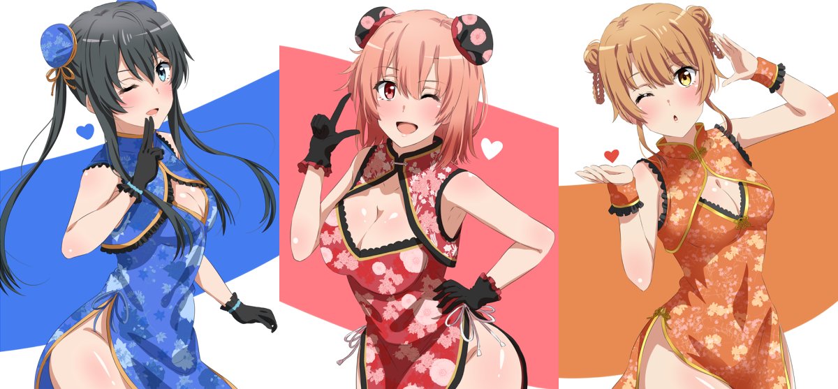 3girls, black hair, brown hair, china dress, dars (recolors), female, female only, hair bun, isshiki iroha, multiple females, multiple girls, my teen romantic comedy snafu, pink hair, yuigahama yui, yukinoshita yukino