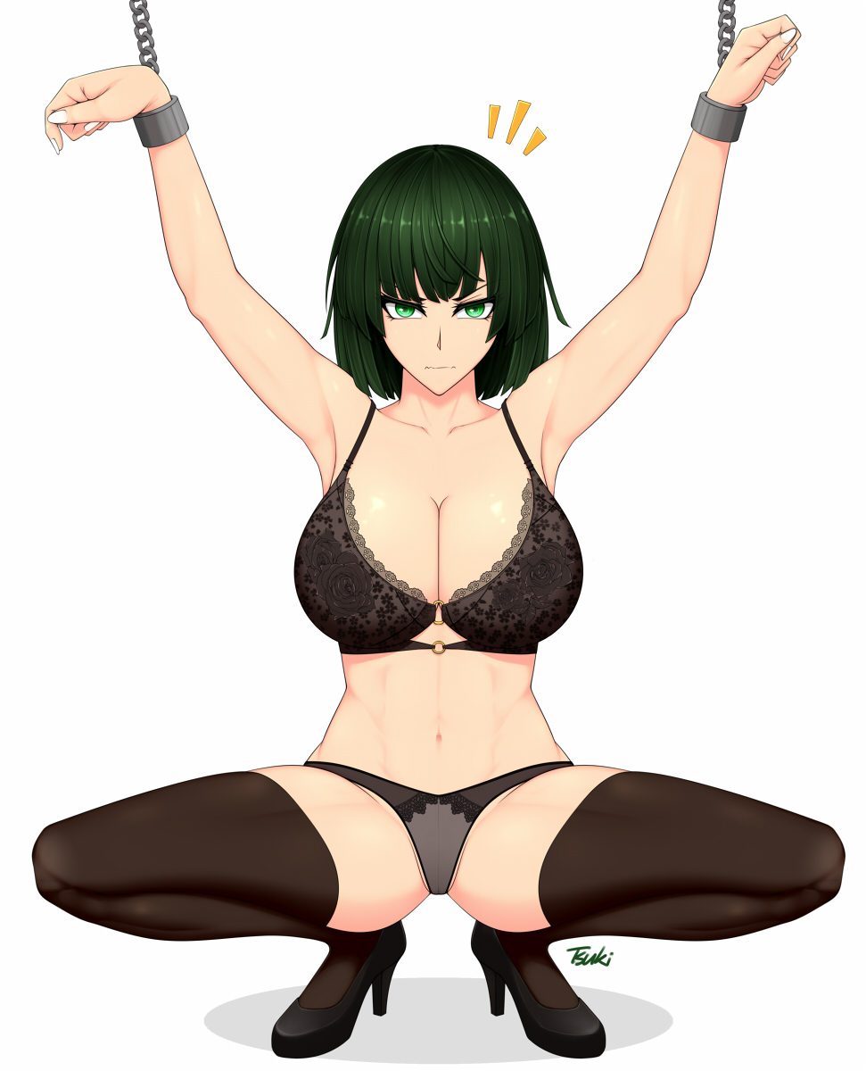 big_breasts black_hair female female_only fubuki_(one-punch_man) green_eyes high_heels mature_female one-punch_man short_hair solo solo_female solo_focus spread_legs squatting stockings tsuki_riven