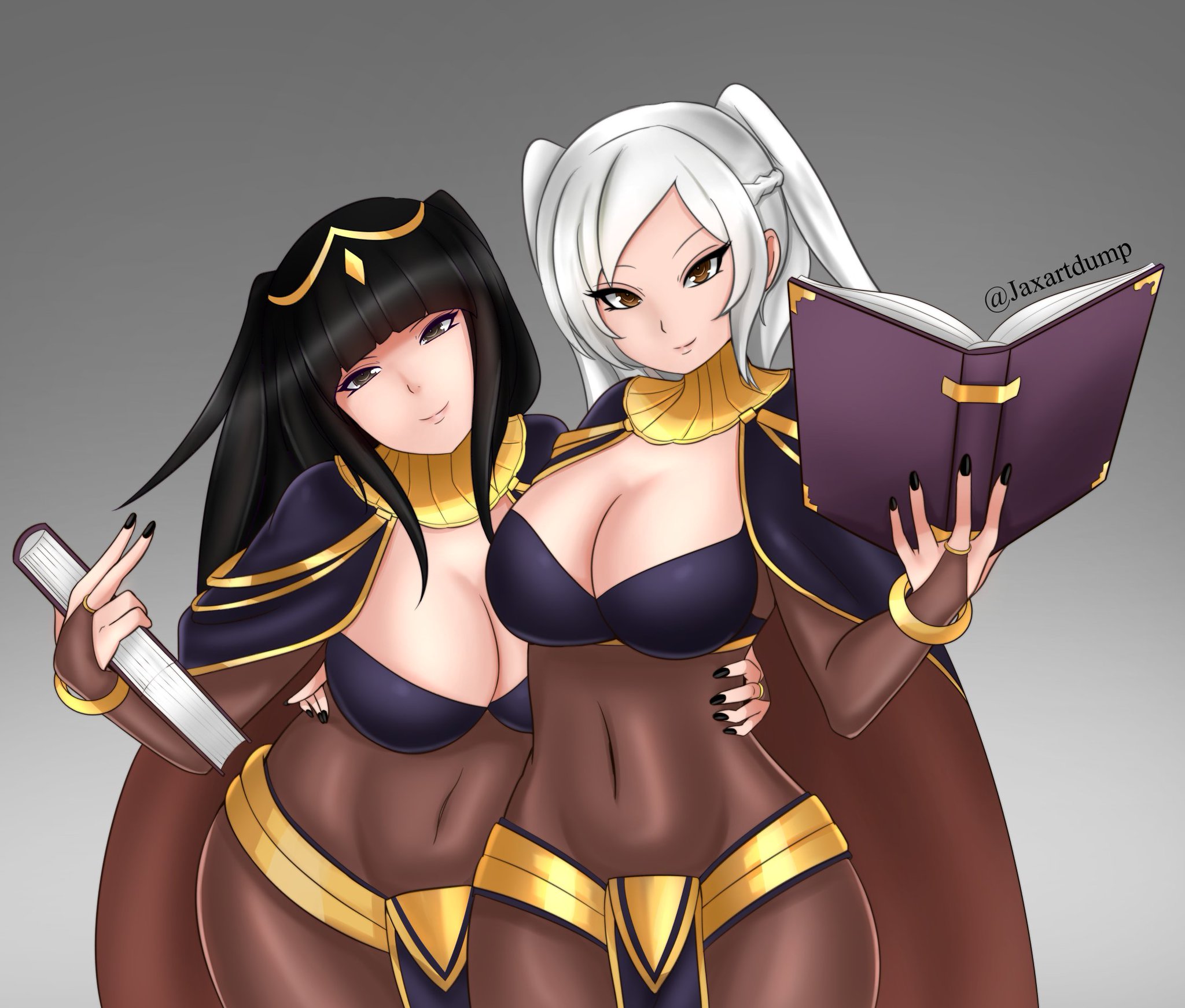 2girls, big breasts, black hair, blunt bangs, bodystocking, bodysuit, book, breasts, bridal gauntlets, brown hair, cape, cleavage, female, female only, fire emblem, fire emblem awakening, grey eyes, huge breasts, jaxartdump, large breasts, looking at viewer, midriff, multiple females, multiple girls, robin (fire emblem), robin (fire emblem) (female), tharja (fire emblem), tharja (fire emblem) (cosplay), twintails, white hair