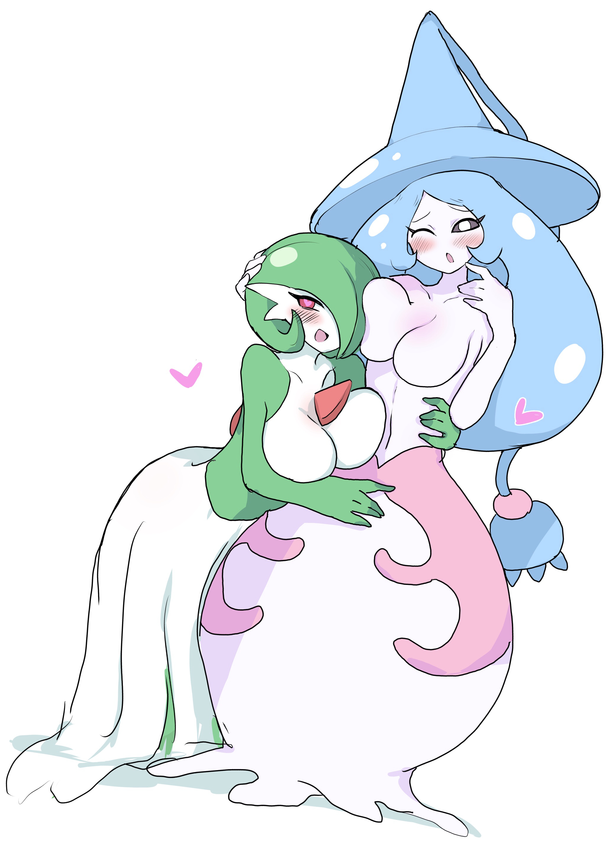 2020, 2girls, absurd res, anthro, blue hair, blush, breast press, breast squish, breasts, breasts out, cleavage, clothing, dress, eyebrows visible through hair, female, female only, gardevoir, green hair, grey sclera, hand on another's head, hand on head, hat, hatterene, heart, heart-shaped pupils, highres, interspecies, leaning forward, long hair, looking at viewer, multiple females, multiple girls, navel, nintendo, no humans, no nipples, one eye closed, open mouth, pokémon (species), pokemon, pokemon (species), pokemon ss, red eyes, short hair, simple background, standing, tongue, white background, white eyes, white-stew, witch hat