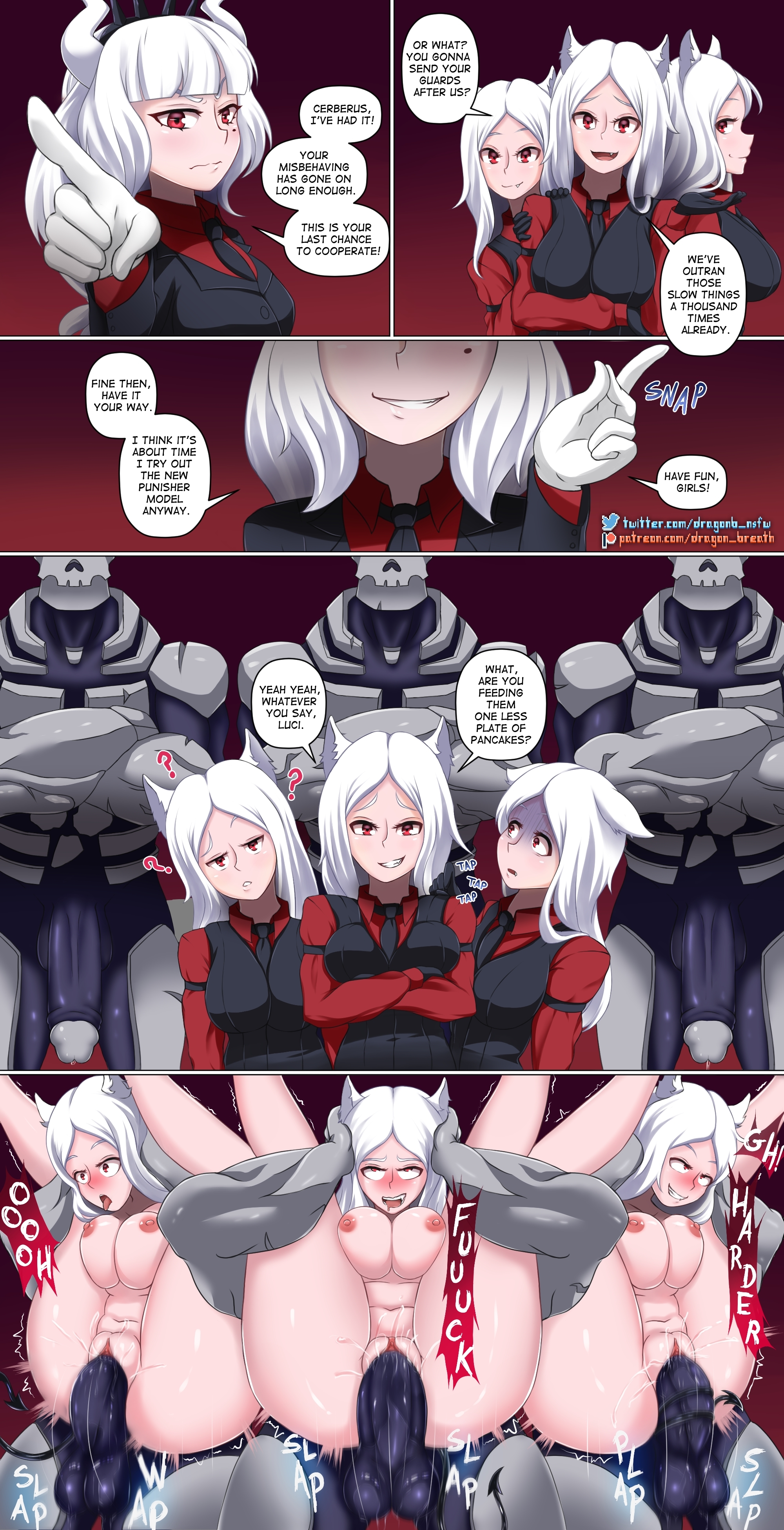 ?, 3boys, 4girls, ahe gao, areolae, balls, big breasts, big penis, breasts, cerberus (helltaker), dark penis, demon, demon girl, demon horns, dog ears, dragon breath, faceless male, female, full nelson, full nelson (legs held), full nelson vaginal, helltaker, horns, huge cock, large penis, light skin, light-skinned female, long ears, long hair, lucifer (helltaker), male, motion lines, nipples, open mouth, pale skin, pale-skinned female, parallel sex, patreon username, penetration, penis, pleasure face, pussy, red eyes, sex, speech bubble, spread legs, tail around penis, text, thick thighs, thigh, triple full nelson, twitter username, uncensored, url, vaginal penetration, vaginal sex, white hair, white horns