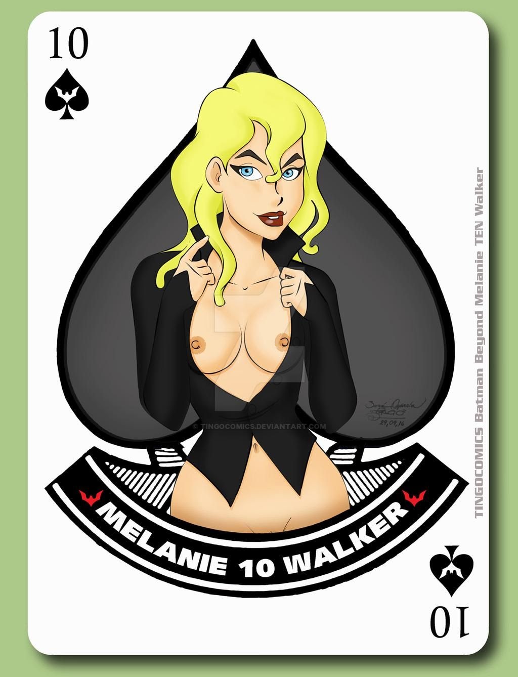 batman_(series) batman_beyond blonde_hair blue_eyes breasts breasts_out_of_clothes clothing dc dc_comics dcau looking_at_viewer melanie_walker nipples royal_flush_gang shirt ten_(royal_flush_gang) undressed