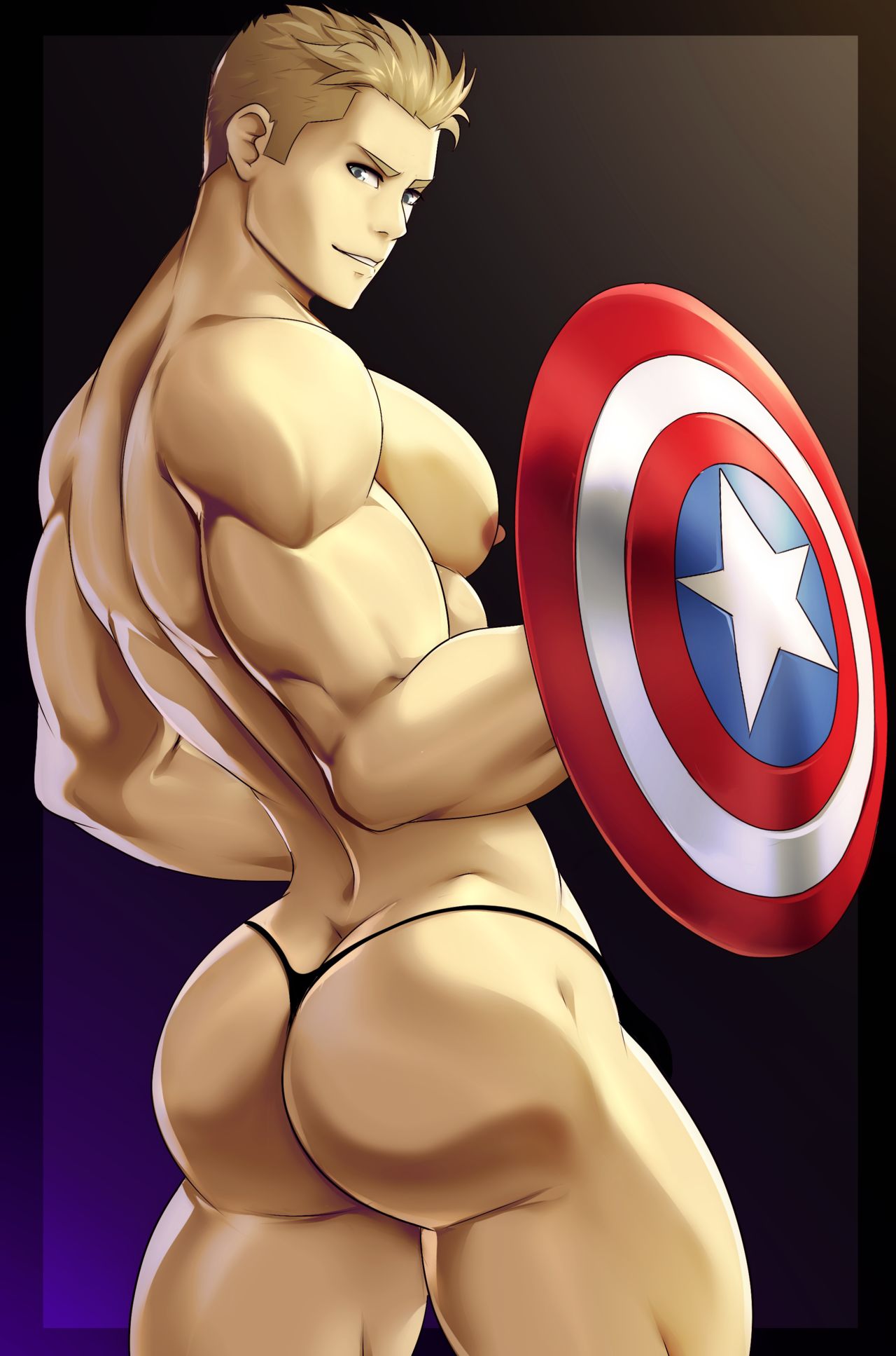 1boy ass bara blonde_hair briefs captain_america gasaiv male male_focus male_only marvel muscle muscles nipple pec pecs pectorals solo steve_rogers thong underwear