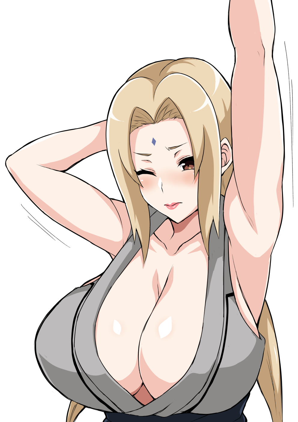 1girls arm_behind_head armpit bare_shoulders big_breasts blonde_hair blush brown_eyes cleavage female female_only forehead_mark huge_breasts kimono large_breasts naruto naruto_(series) naruto_shippuden no_bra one_arm_up one_eye_closed simple_background stretching tawashi1623 tied_hair tsunade twintails upper_body