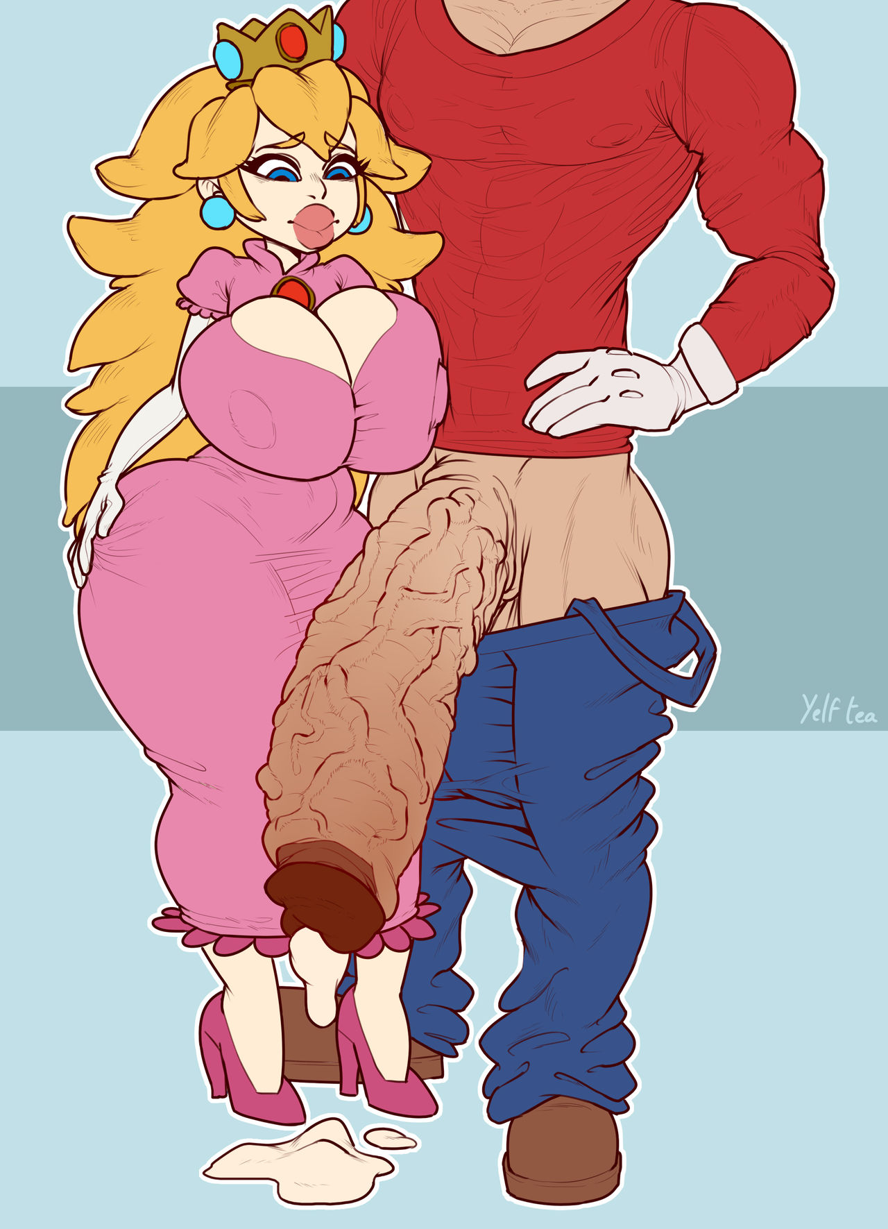 ass, ass grab, balls, big ass, big balls, big breasts, big penis, bimbo, bimbofication, blonde hair, blue pants, breasts, clothed, clothed female, crown, cum, cum drip, cum puddle, cumdrip, dress, duo, erect nipples, erect nipples under clothes, excessive precum, female, foreskin, gloves, hand on hip, head out of frame, height difference, hourglass figure, huge ass, huge balls, huge breasts, huge cock, imminent sex, impossible clothes, it'll never fit, larger male, light skin, light-skinned female, light-skinned male, long hair, looking at penis, looking at viewer, male, mario, mario (series), muscular, muscular male, nervous, nintendo, nipple bulge, nipples, out of frame, overalls, pale skin, pale-skinned female, pale-skinned male, pants down, partially clothed, penis, penis awe, penis base, penis out, pink dress, pink footwear, pink lips, pink shoes, precum, precum drip, princess, princess peach, red shirt, retracted foreskin, rugged penis, serratus anterior, shoes, size difference, smaller female, straight, thick lips, thick nipples, thick penis, thick thighs, tight clothes, tight clothing, uncircumcised, veins, veiny penis, white gloves, wide penis, wide shoulders, worried, yelftea