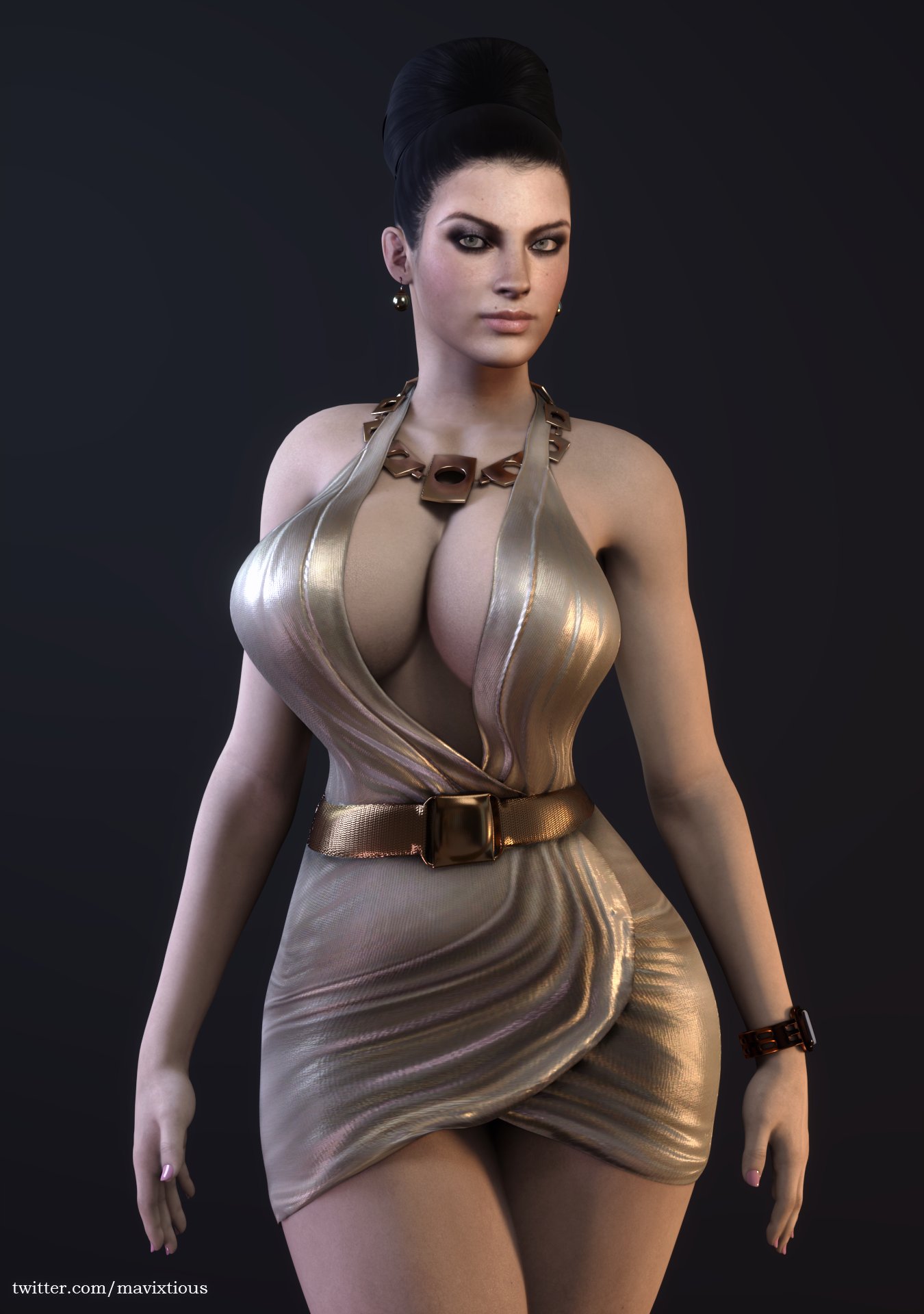1girls, 3d, big breasts, breasts, cleavage, earrings, excella gionne, female, female only, hair bun, large breasts, looking at viewer, mavixtious, necklace, necklace between breasts, resident evil, resident evil 5, sci-fi, science fiction, scifi, solo, solo female