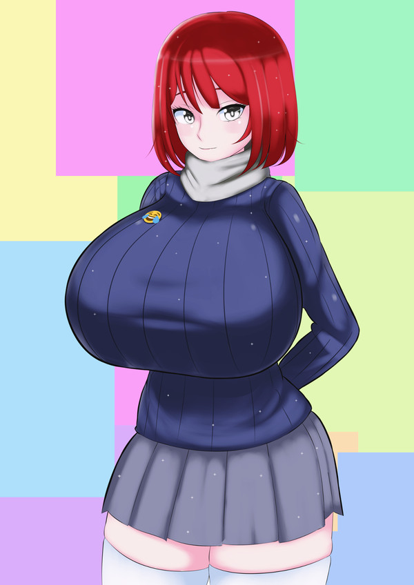 adinda_augustine_pranate arms_behind_back big_breasts blush colorful_background cute dyed_hair fully_clothed happy huge_breasts nantene red_hair skirt smile smiling sweater thighhighs thighs