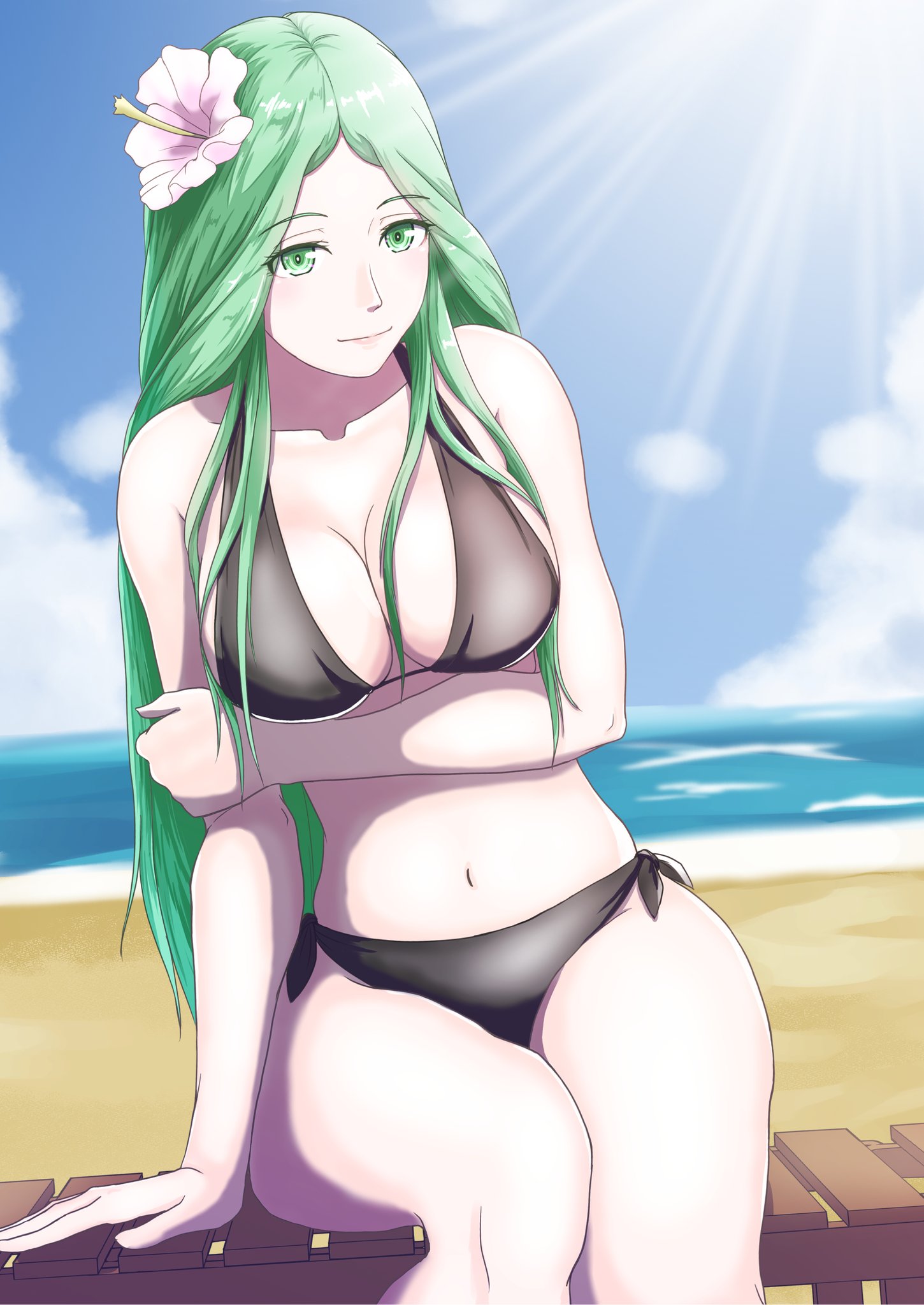 beach chair, black swimsuit, breasts, cleavage, clouds, female, fire emblem, fire emblem: three houses, flower in hair, green eyes, green hair, gzo1206, large breasts, looking at viewer, ocean, rhea (fire emblem), sky, solo, solo female, thick thighs