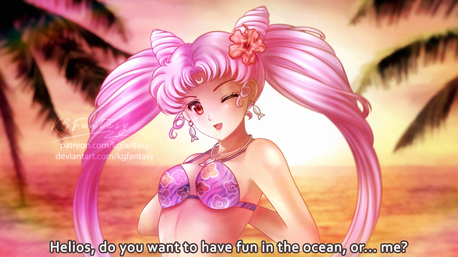 1girls aged_up beach bikini bikini_top bishoujo_senshi_sailor_moon chibi_usa double_bun english_text female female_only flower forehead_mark kgfantasy looking_at_viewer pink_hair princess_lady_serenity small_breasts solo sunset swimsuit tagme twintails undressing wink