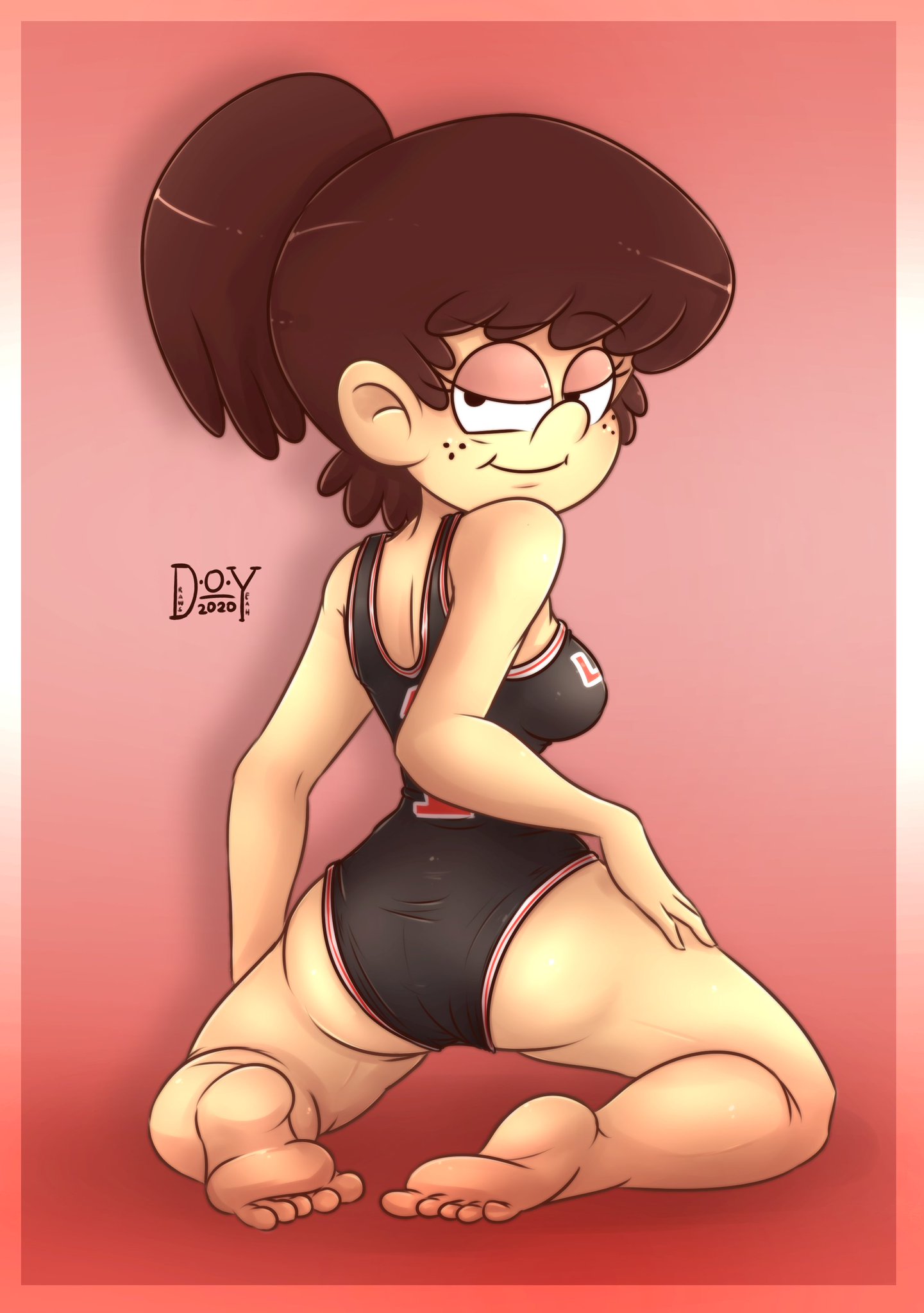1girls, aged up, ass, back, back view, barefoot, big ass, bodysuit, breasts, brown hair, drawsoyeah, feet, female, female only, freckles, fresh lynn, half-closed eyes, kneeling, leotard, looking at viewer, looking back, lynn loud, older, ponytail, sideboob, smile, soles, solo, solo female, solo focus, the loud house, thick thighs, thighs, toes