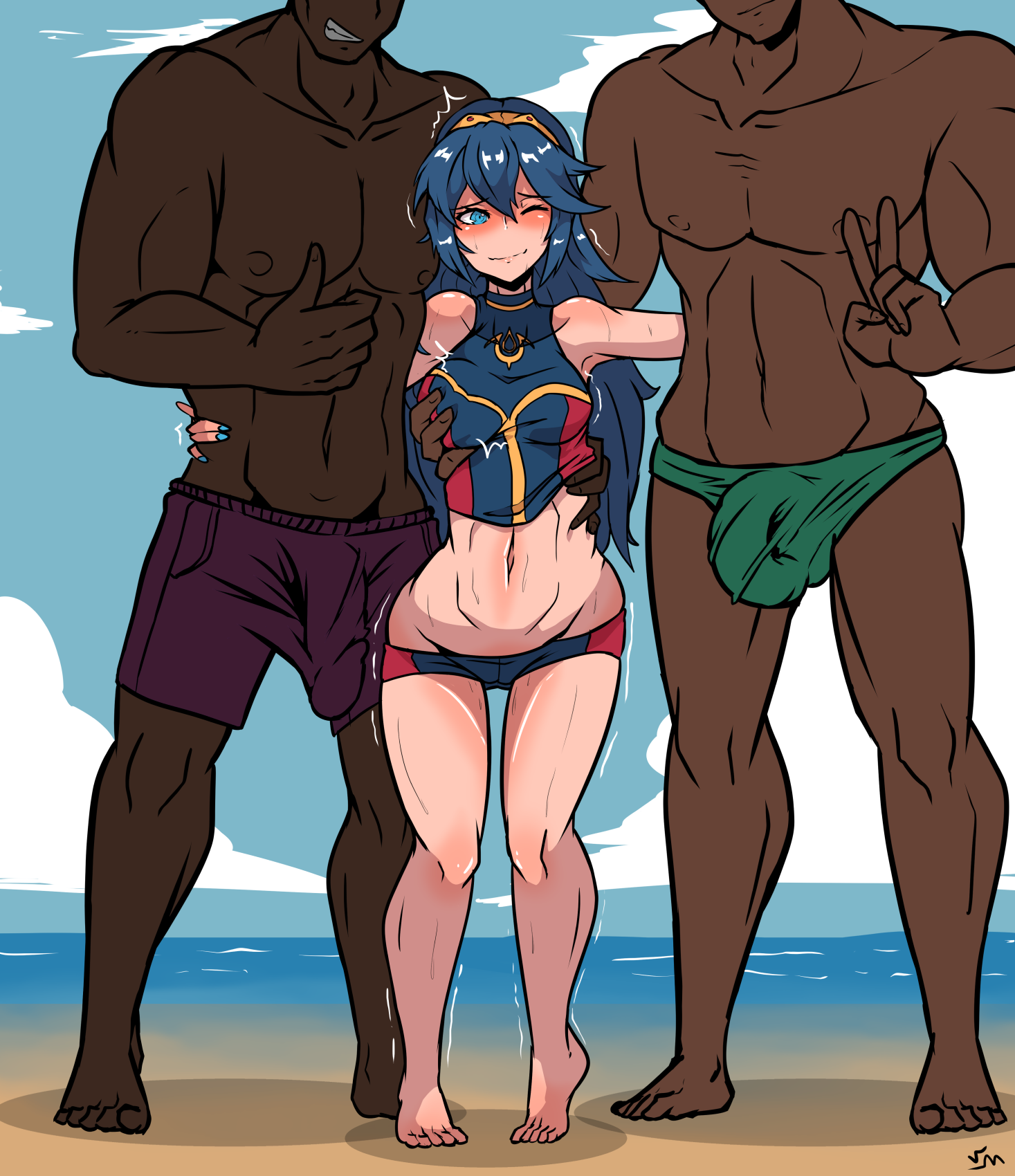 1girls, 2boys, abs, barefoot, beach, blue hair, bodily fluids, breasts, dark skin, dark-skinned male, female, fire emblem, fire emblem awakening, fire emblem cipher, groping, hands on breasts, imminent sex, interracial, lucina (fire emblem), male, naughty face, nintendo, one eye closed, penis, penis awe, seductive, seductive smile, size difference, smile, swimsuit, verymediocre